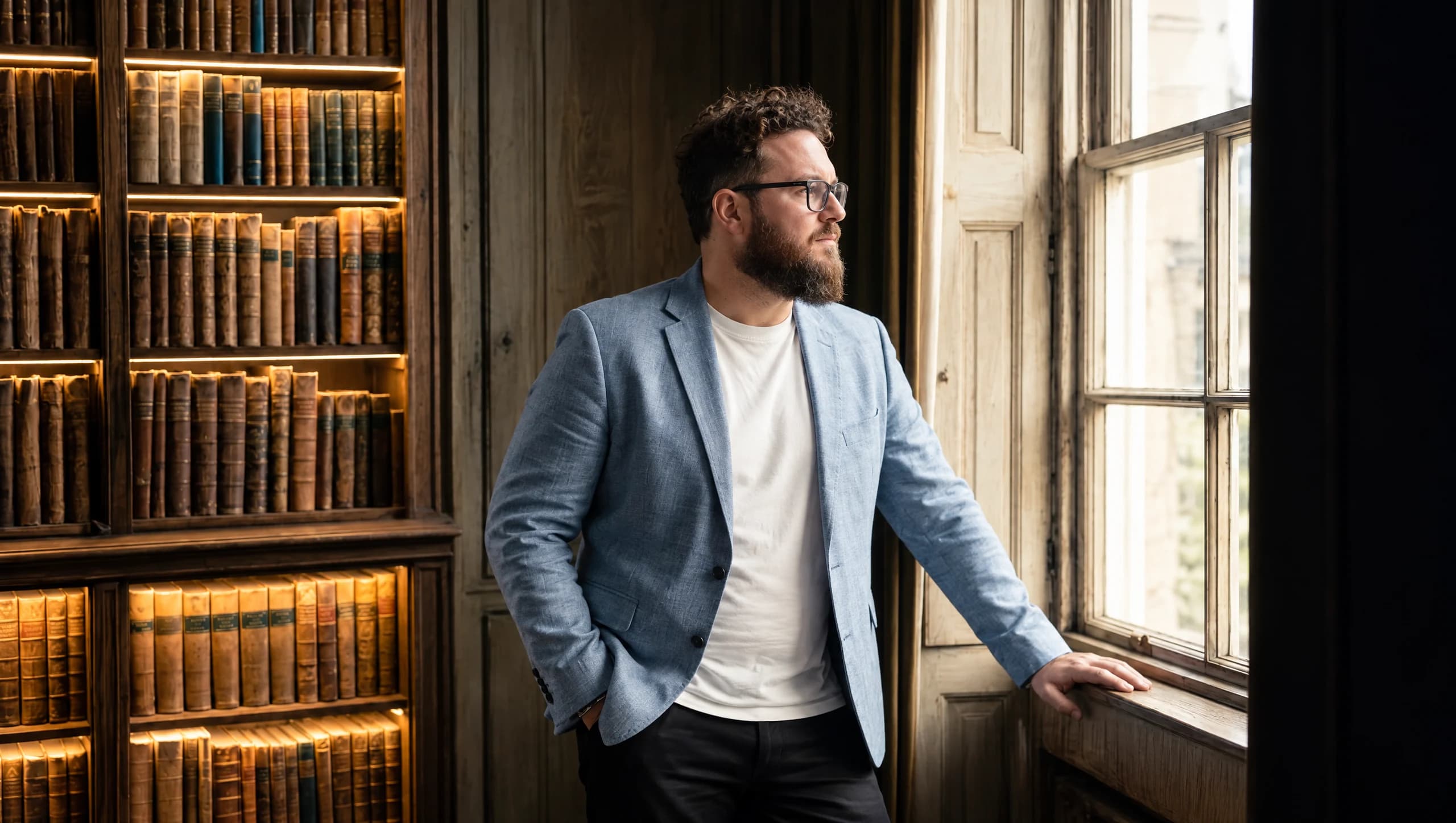Silviu Sotelecan, a product design leader based in Romania, in glasses, a light blue jacket and a white T-shirt, standing at a tall window beside shelves of old books