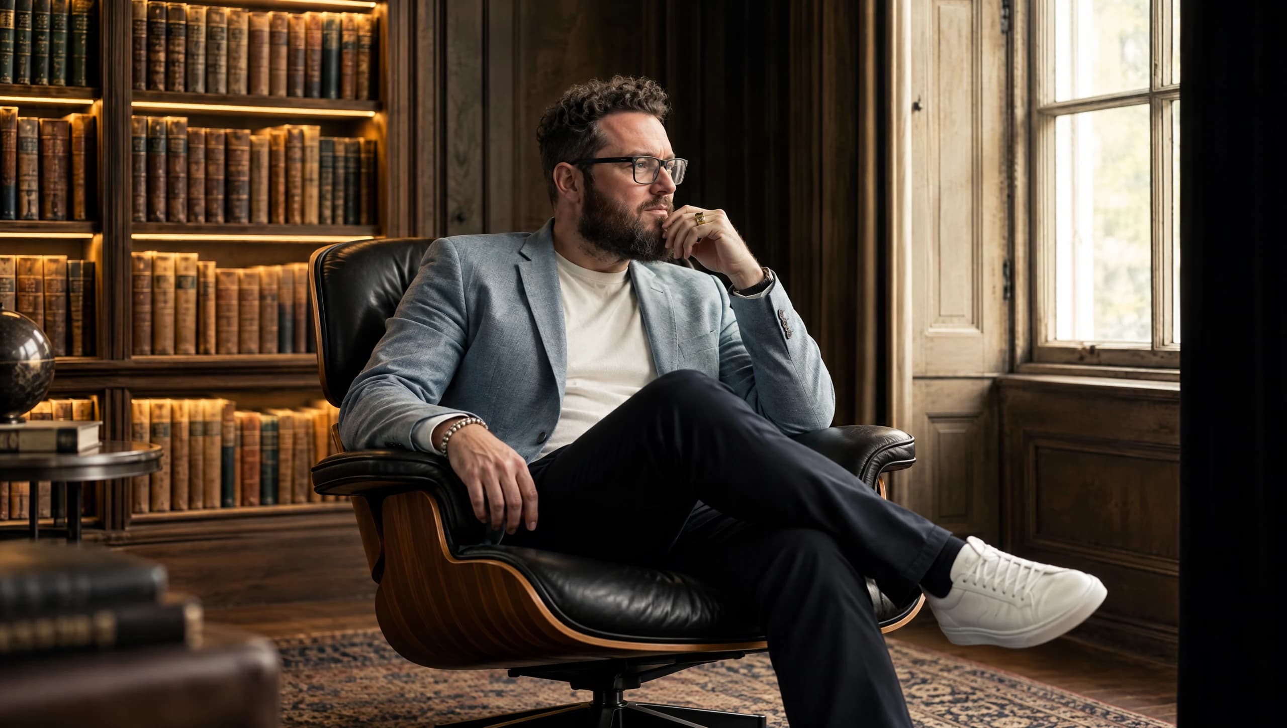 Silviu Sotelecan, Head of Design with 15+ years across fintech, crypto, healthcare and telecom, in glasses and a light blue jacket, seated in a leather lounge chair in a library, looking toward a window