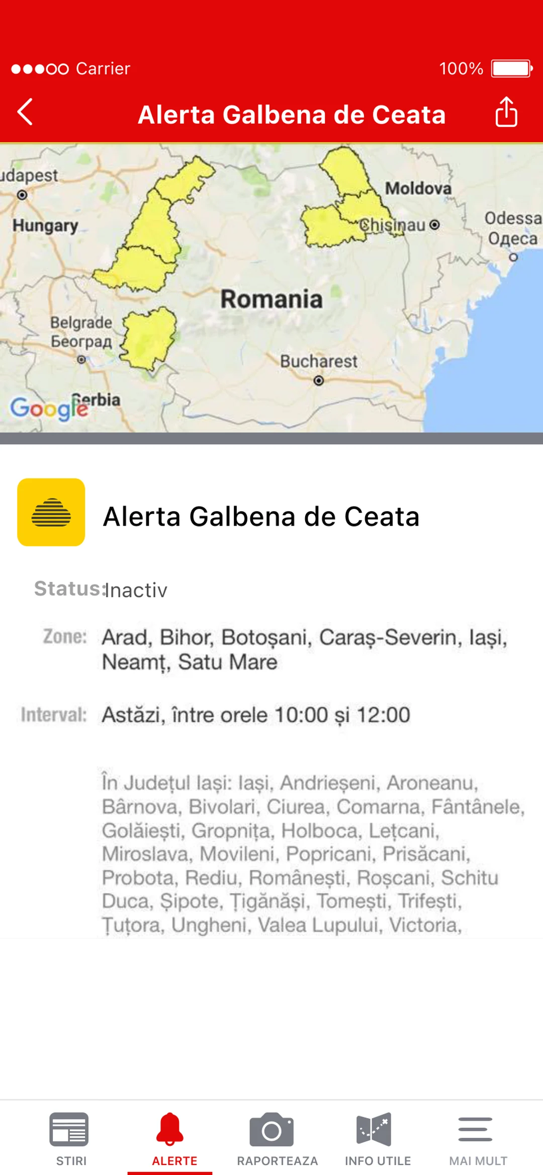A fog alert marked inactive: the map of its counties, its hours and its text
