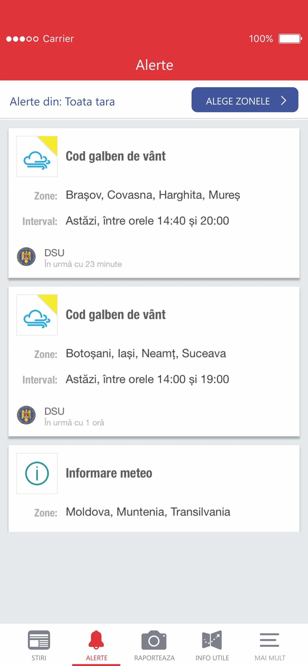 Alerts for the whole country: two yellow wind warnings with their counties and hours, and a weather notice