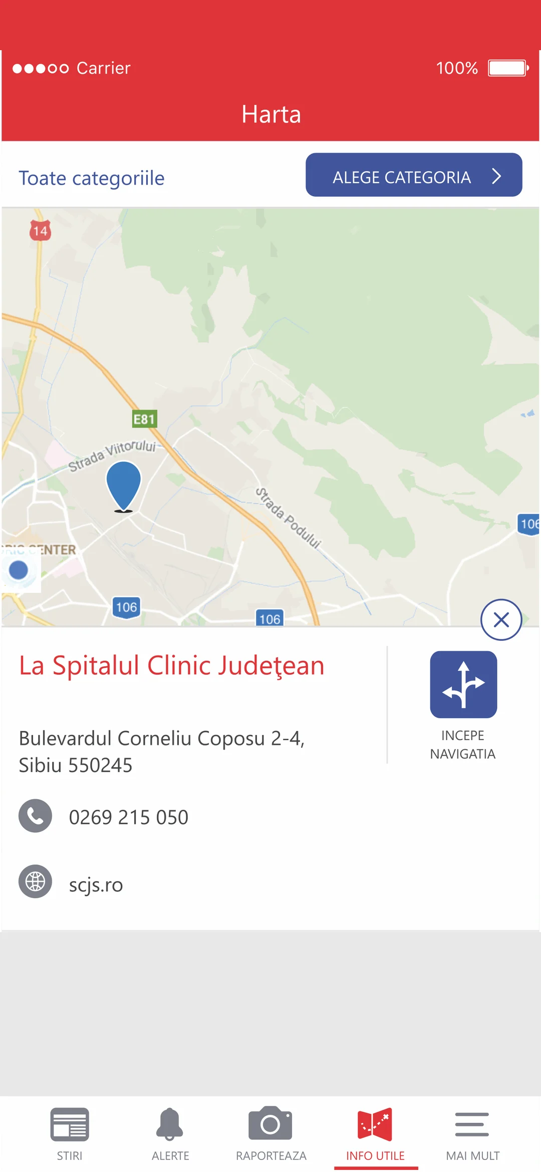 A county hospital on the map: its address, phone number and website, and a button to start navigation