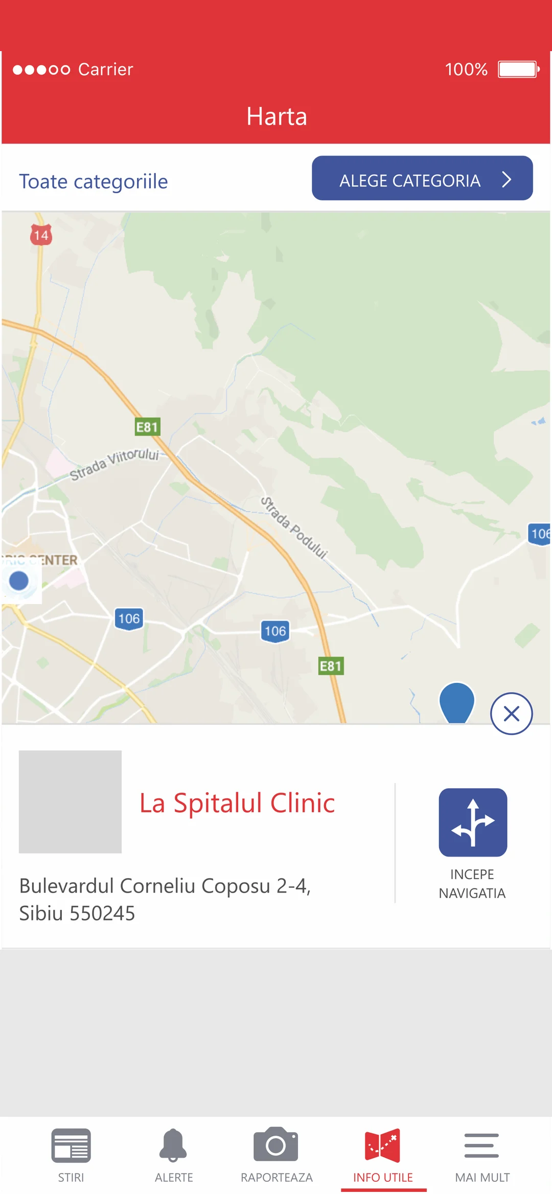 The map: places of use nearby, with one hospital chosen and a button to start navigation
