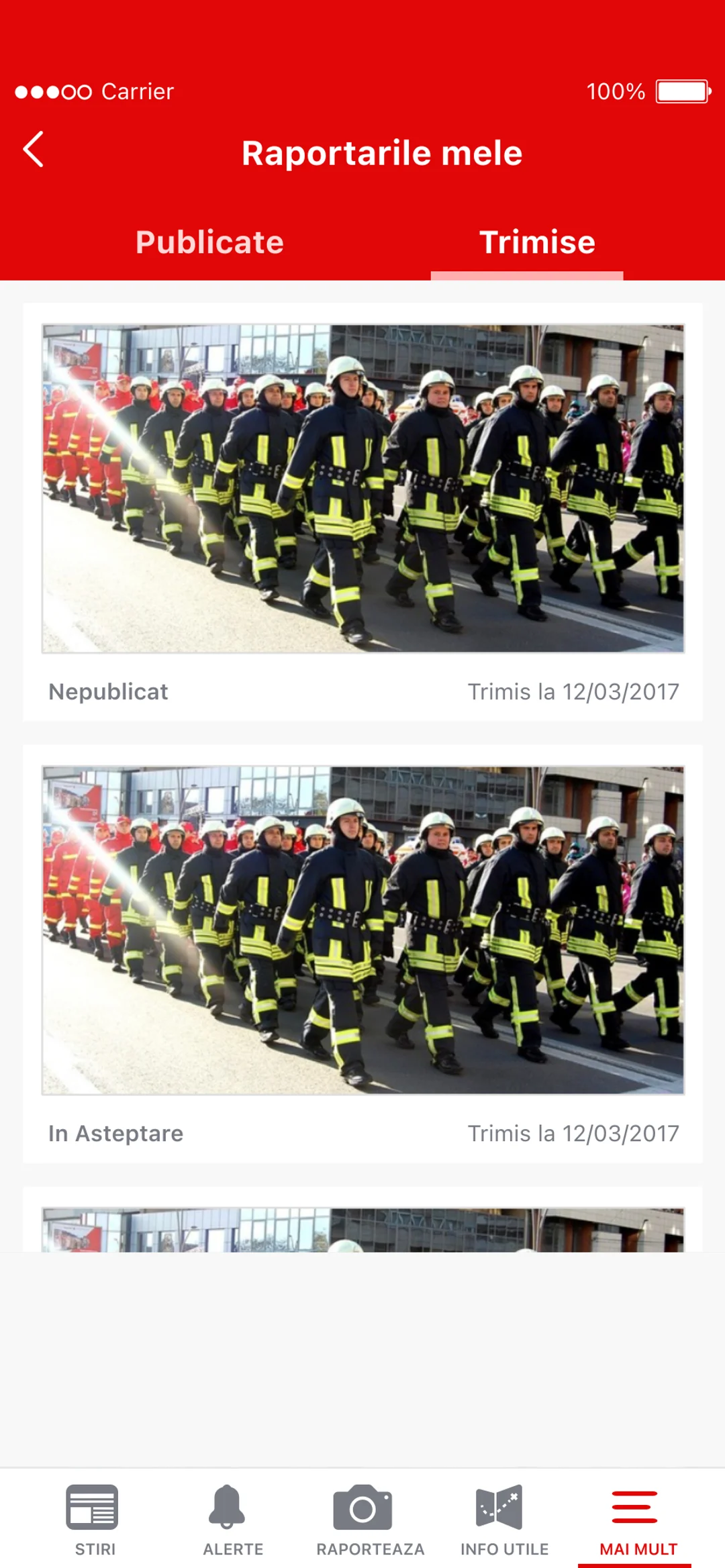 My reports, sent: two reports, each a photograph of firefighters with its date and state