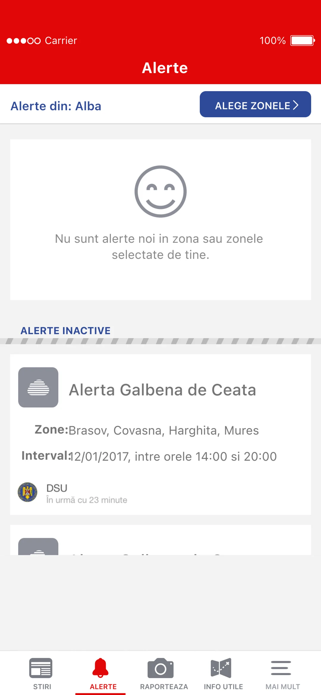 No new alerts in the chosen county; under it, an alert that is no longer active