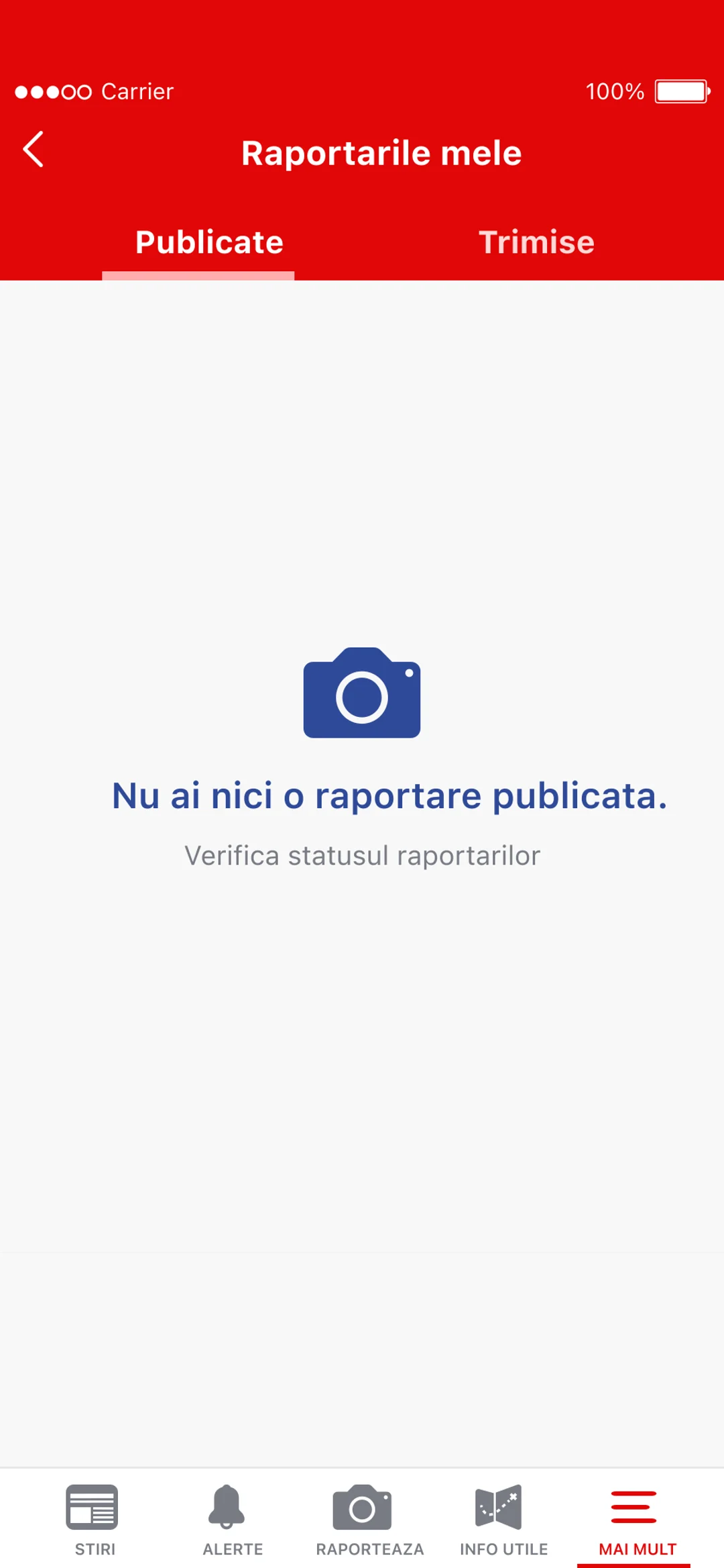 My reports, empty: a camera and a line saying nothing has been published yet