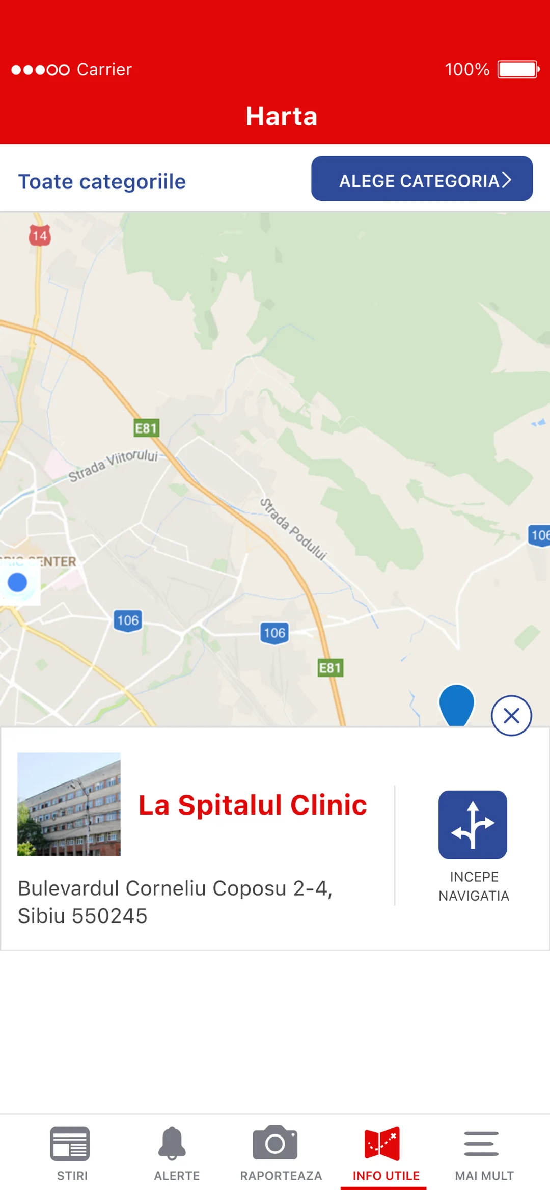 A clinic on the map with a photograph of its building, its address and a button to start navigation