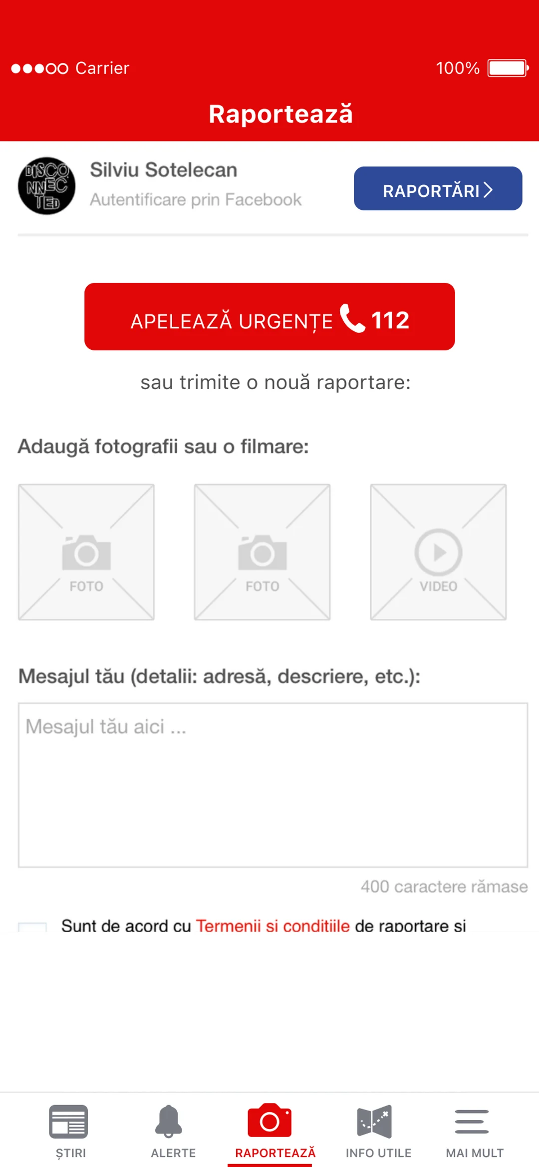 Report: a button to call 112, three boxes to add photographs or film, and a field for the message