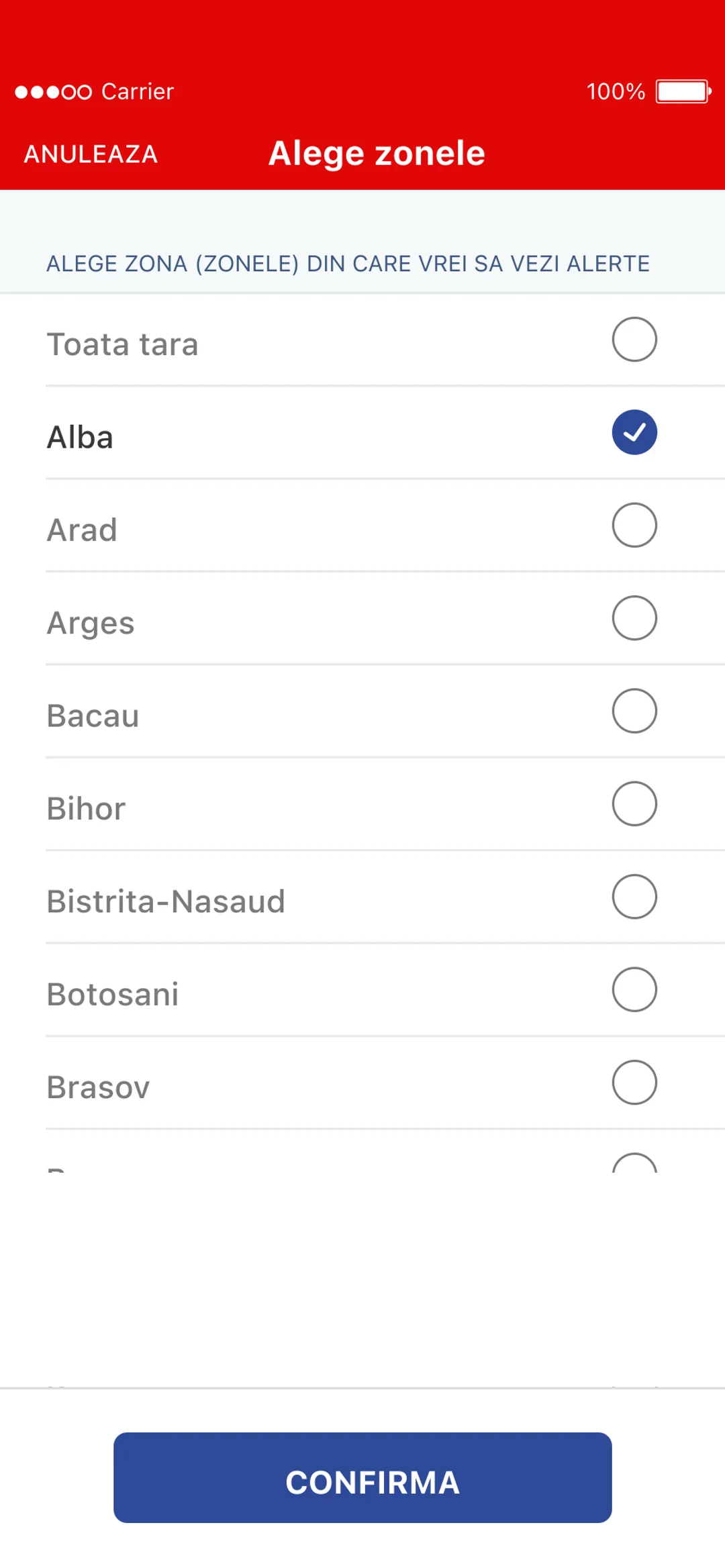 Choose the counties to be alerted for: a list of counties, one ticked, and a Confirm button