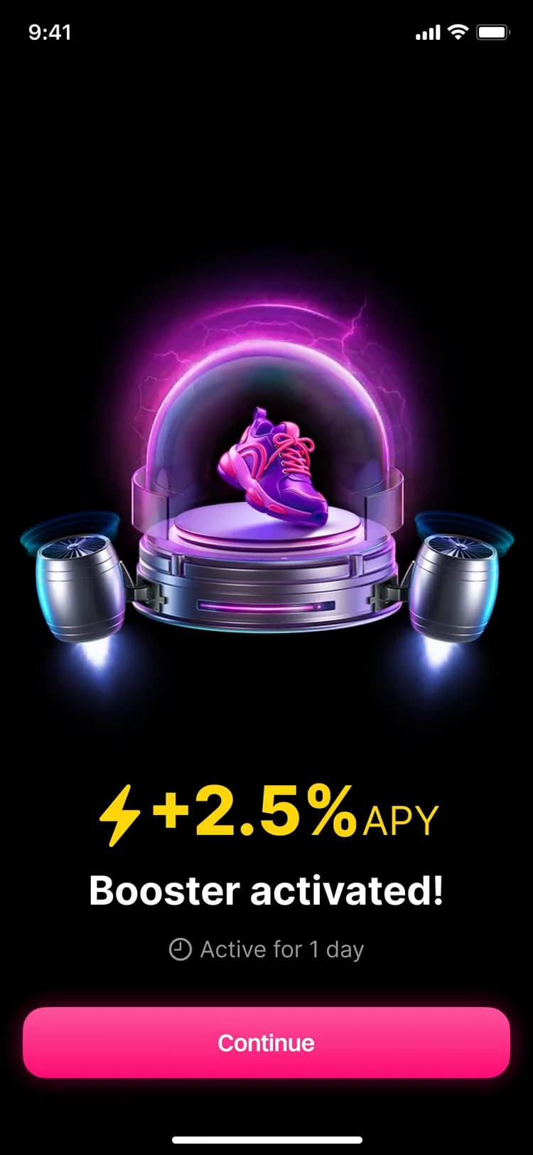 Booster activated: two silver boosters fly in and lock on to the Step Jar's base, over plus 2.5% APY, active for 1 day, and Continue