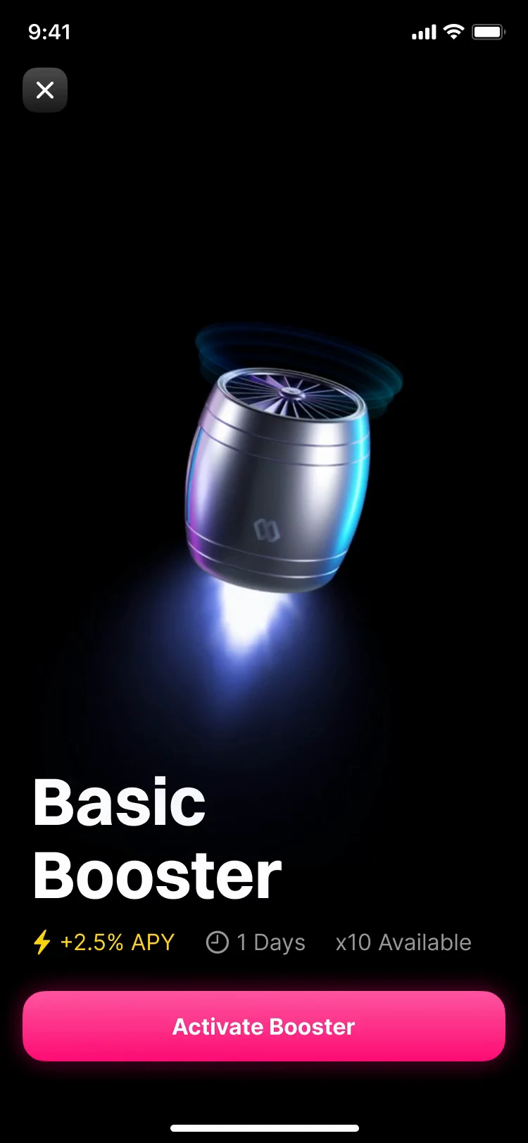 Basic Booster: a silver booster hovering with its jet lit, plus 2.5% APY for 1 day, and Activate Booster