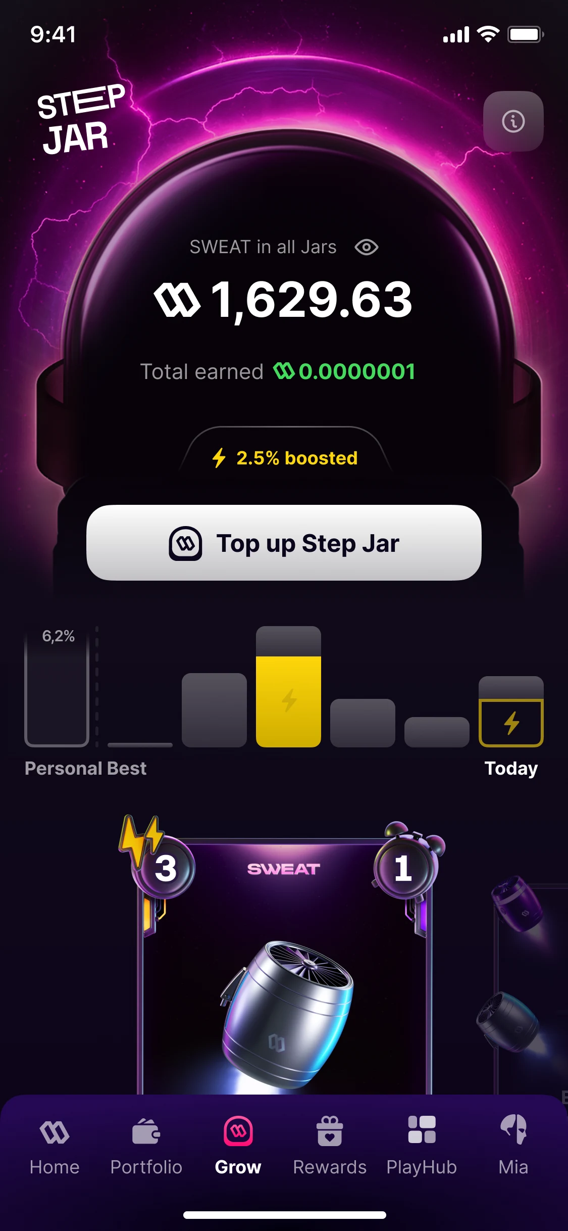 Step Jar, 2.5% boosted: 1,629.63 in all jars, Top up Step Jar, the week's bars, and a Basic Booster under them