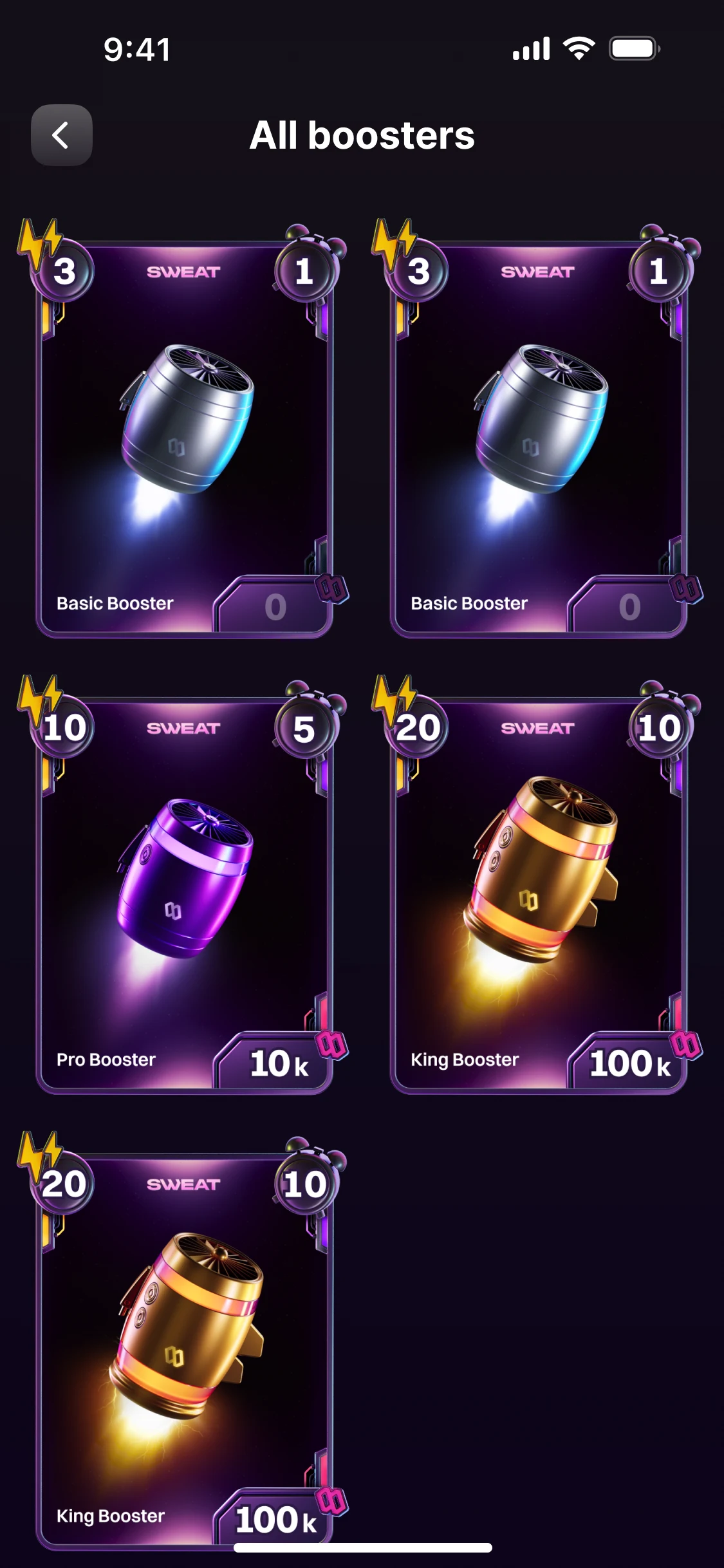 All boosters: five cards of Basic, Pro and King boosters