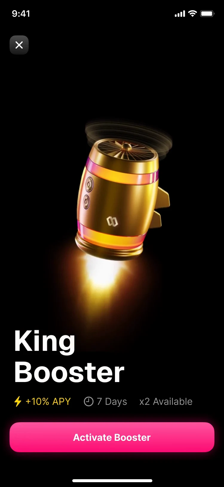 King Booster: a gold booster hovering with its jet lit, plus 10% APY for 7 days, and Activate Booster