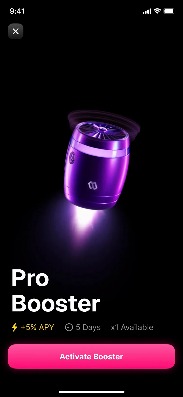 Pro Booster: a purple booster hovering with its jet lit, plus 5% APY for 5 days, and Activate Booster