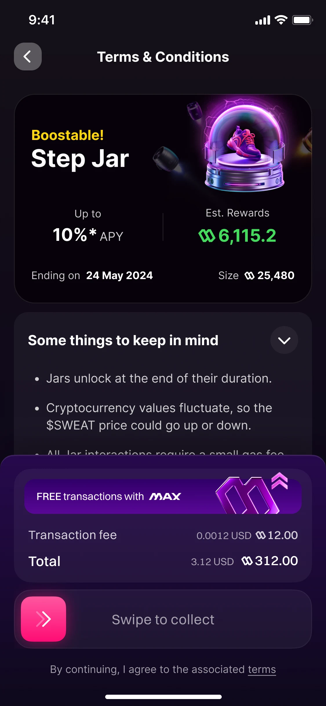 Terms and conditions for a boostable Step Jar: up to 10% APY, the estimated rewards, the day it ends, some things to keep in mind, the transaction fee, and Swipe to collect