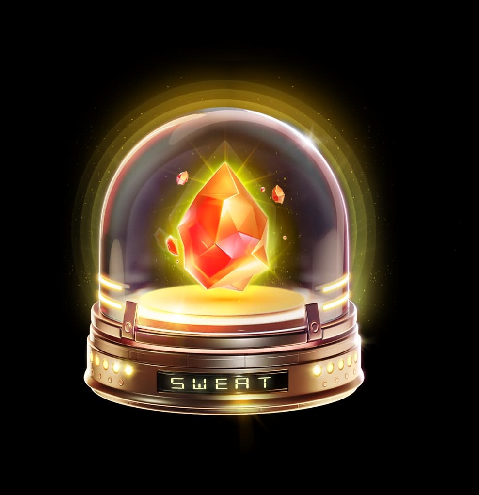 The gem jar: a red gem glowing under a glass dome, on a gold base marked Sweat