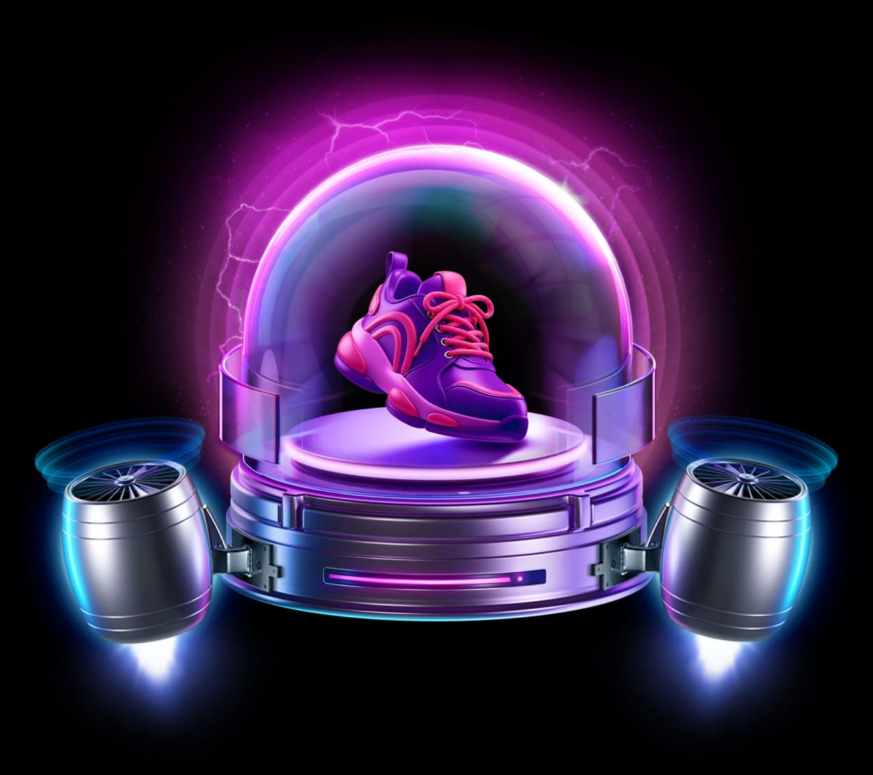 The Step Jar: a sneaker under a dome ringed with lightning, on a metal base with a jet booster on each side