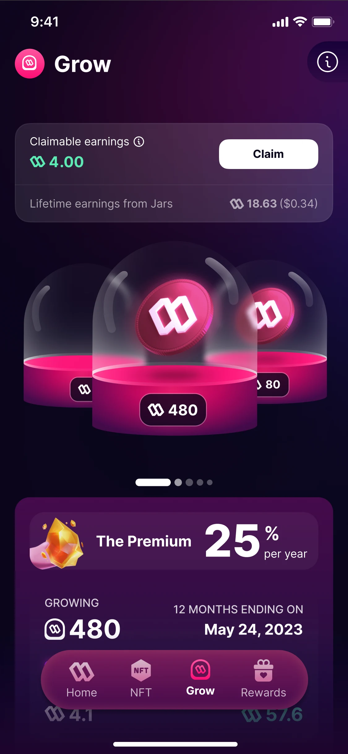 Grow, version 1: claimable earnings with Claim, lifetime earnings, three glass jars, and The Premium at 25% a year with 480 growing; a floating bar of four tabs