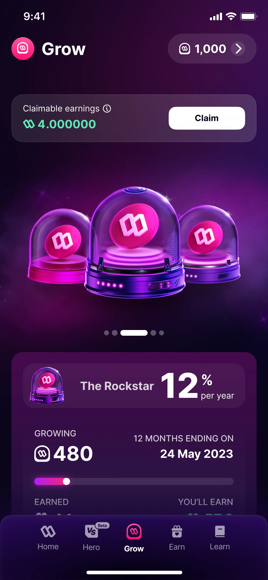 Grow, version 2: claimable earnings with Claim, three jars side by side, and The Rockstar at 12% a year with 480 growing until 24 May 2023
