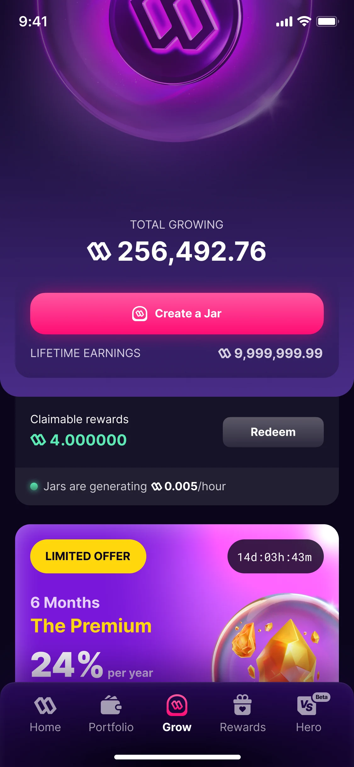 Grow, version 3: 256,492.76 growing in total, Create a Jar, lifetime earnings, claimable rewards with Redeem, and a limited offer on The Premium at 24% a year