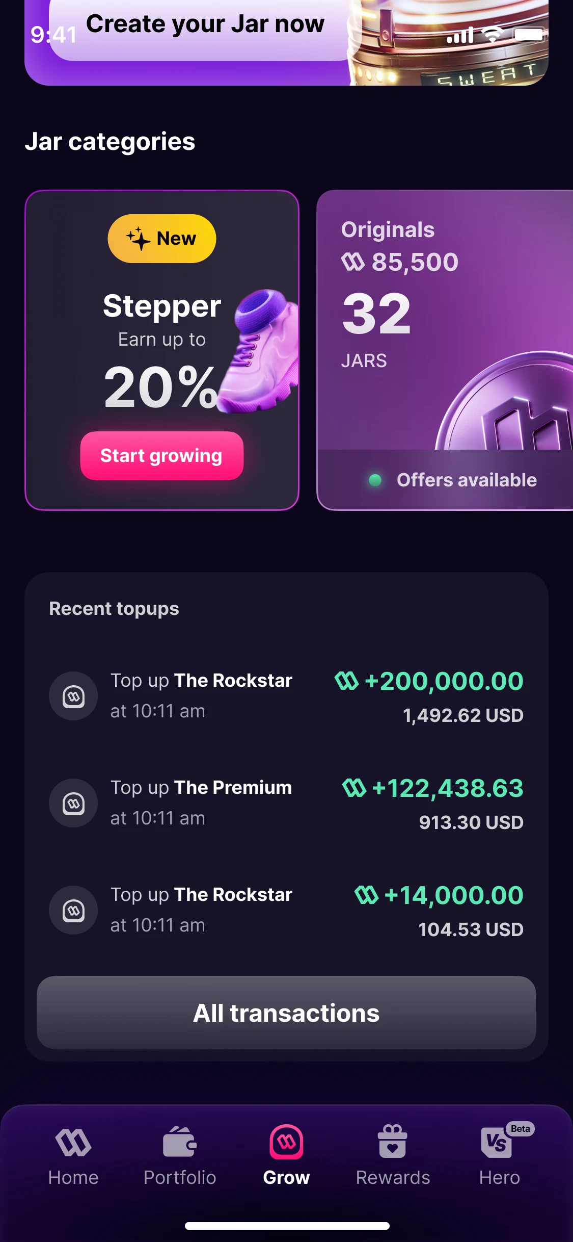 Grow, version 3, further down the page: jar categories (Stepper, up to 20%, and Originals, 32 jars), the recent top ups and All transactions
