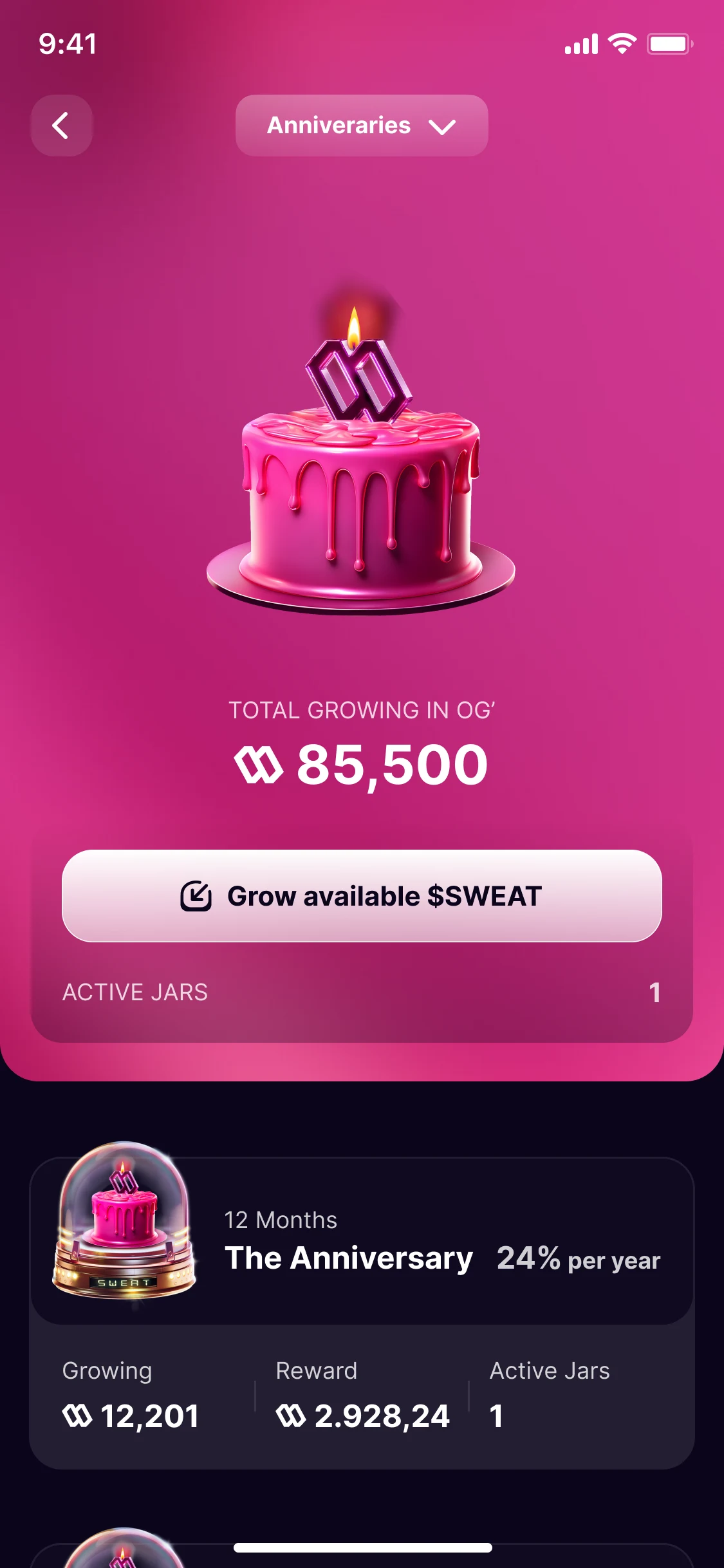 The jars of one type, Anniversaries: a cake jar, 85,500 growing in it, Grow available $SWEAT, and its one active jar, The Anniversary at 24% a year