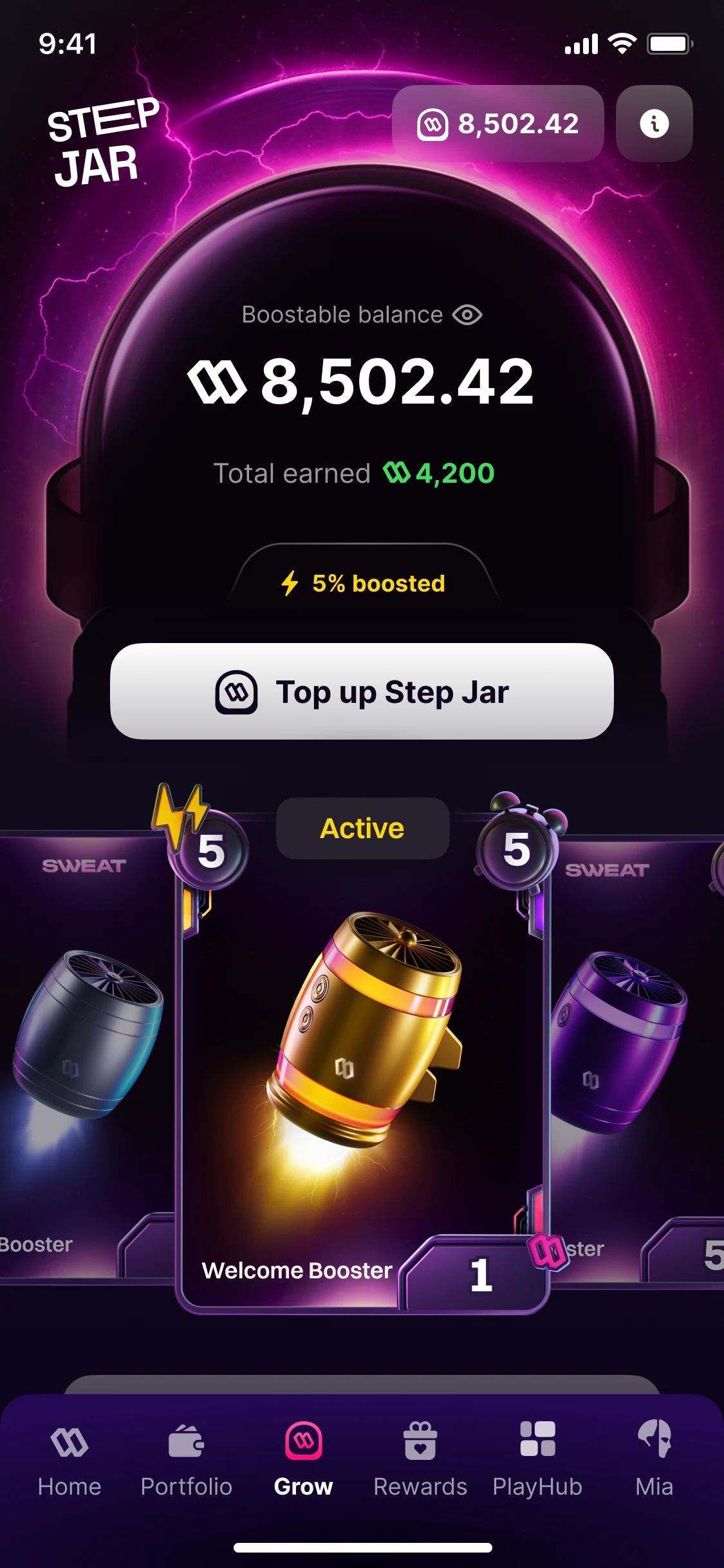 Grow, the live version: the Step Jar with a boostable balance of 8,502.42, 4,200 earned, 5% boosted, Top up Step Jar, and its boosters under it