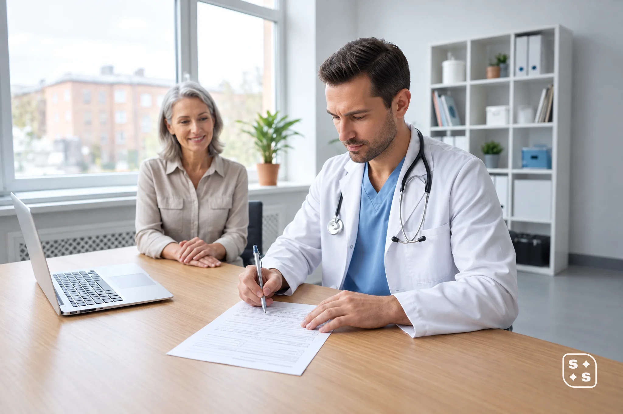 A doctor at his desk fills in a patient's form while she waits across from him; an open laptop beside them