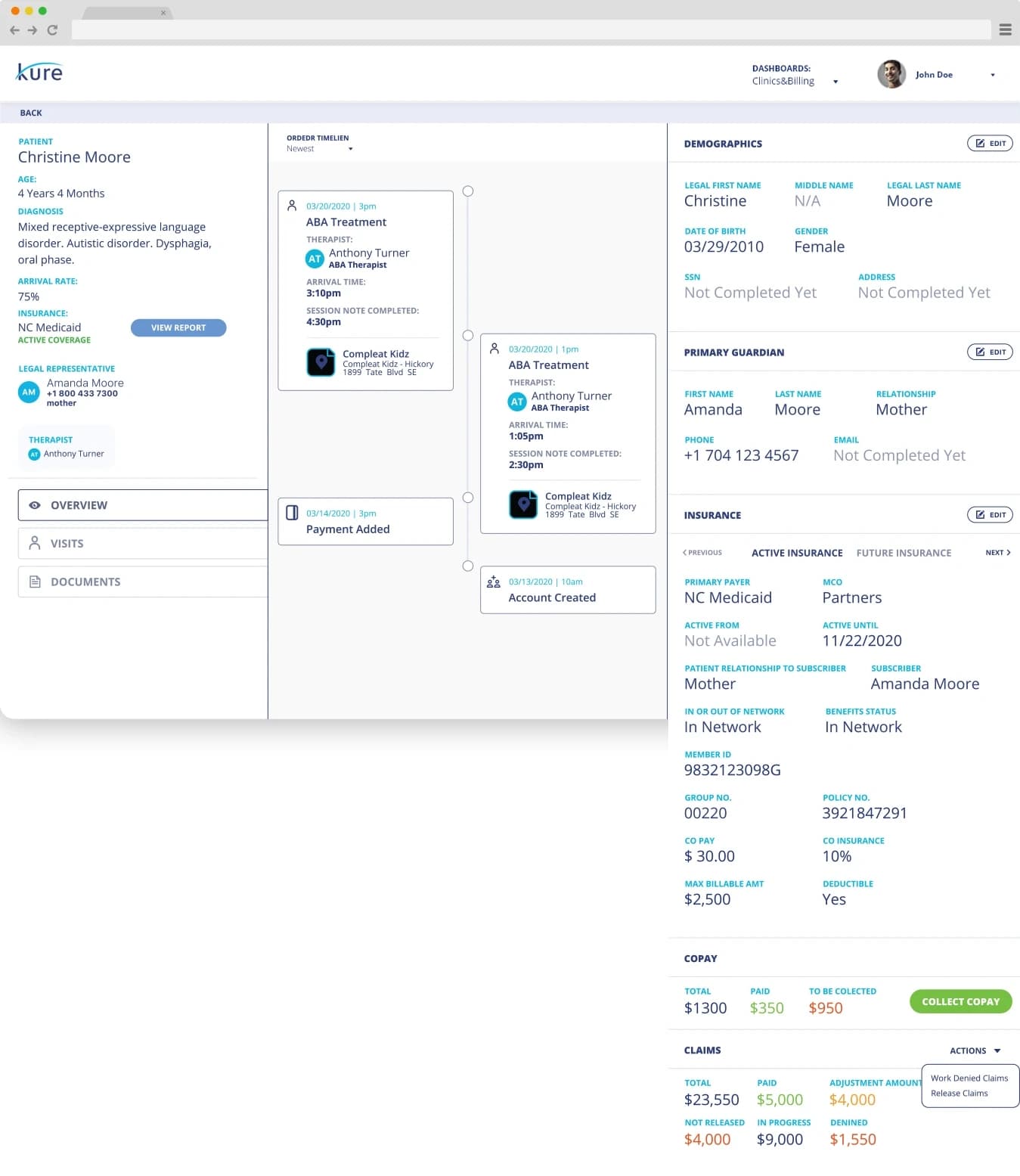 A patient's record in the browser: demographics, guardian, insurance, copay and claims, each a set of fields