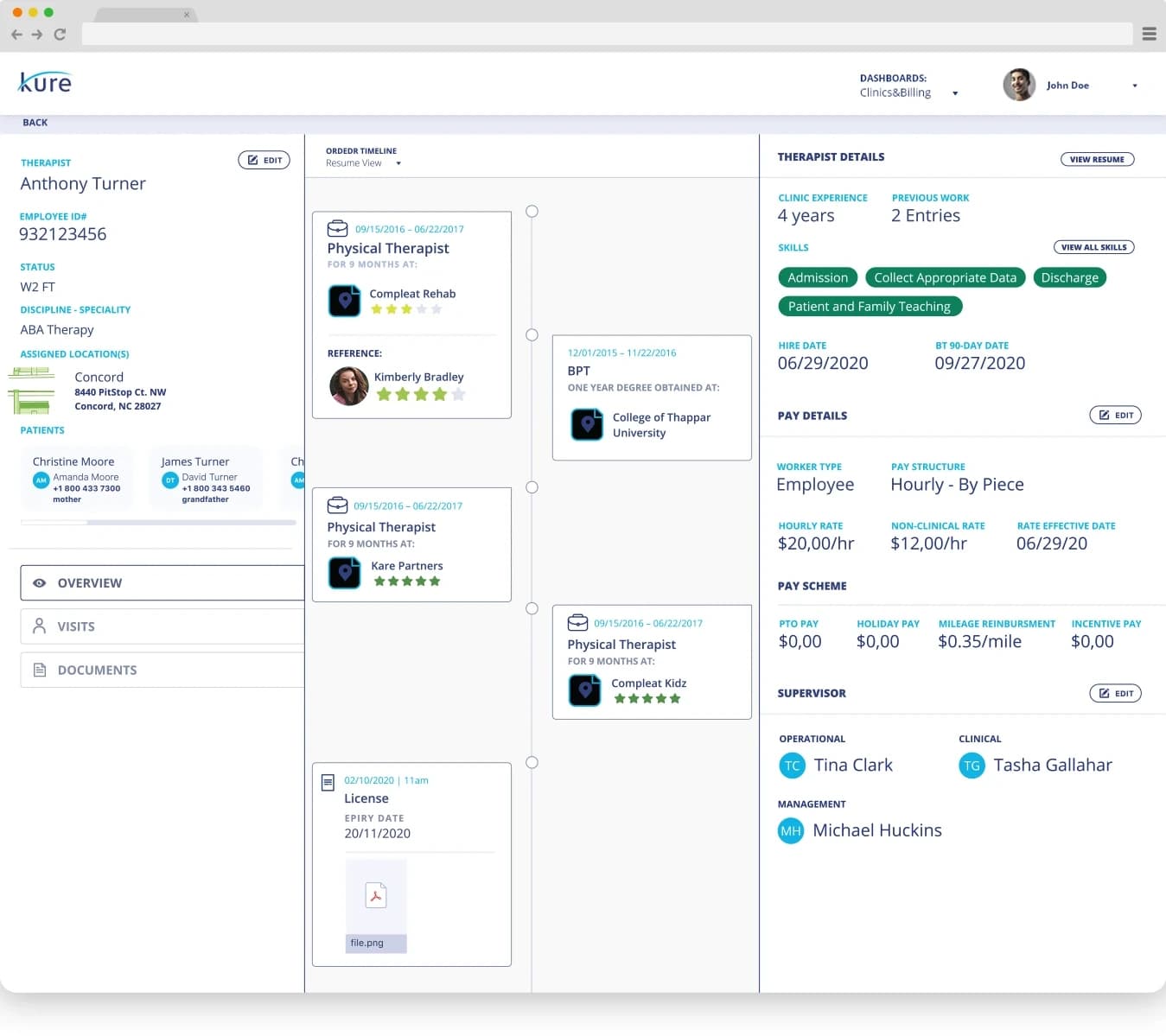 A therapist's record in the browser: details on the left, work history in the middle, pay details on the right