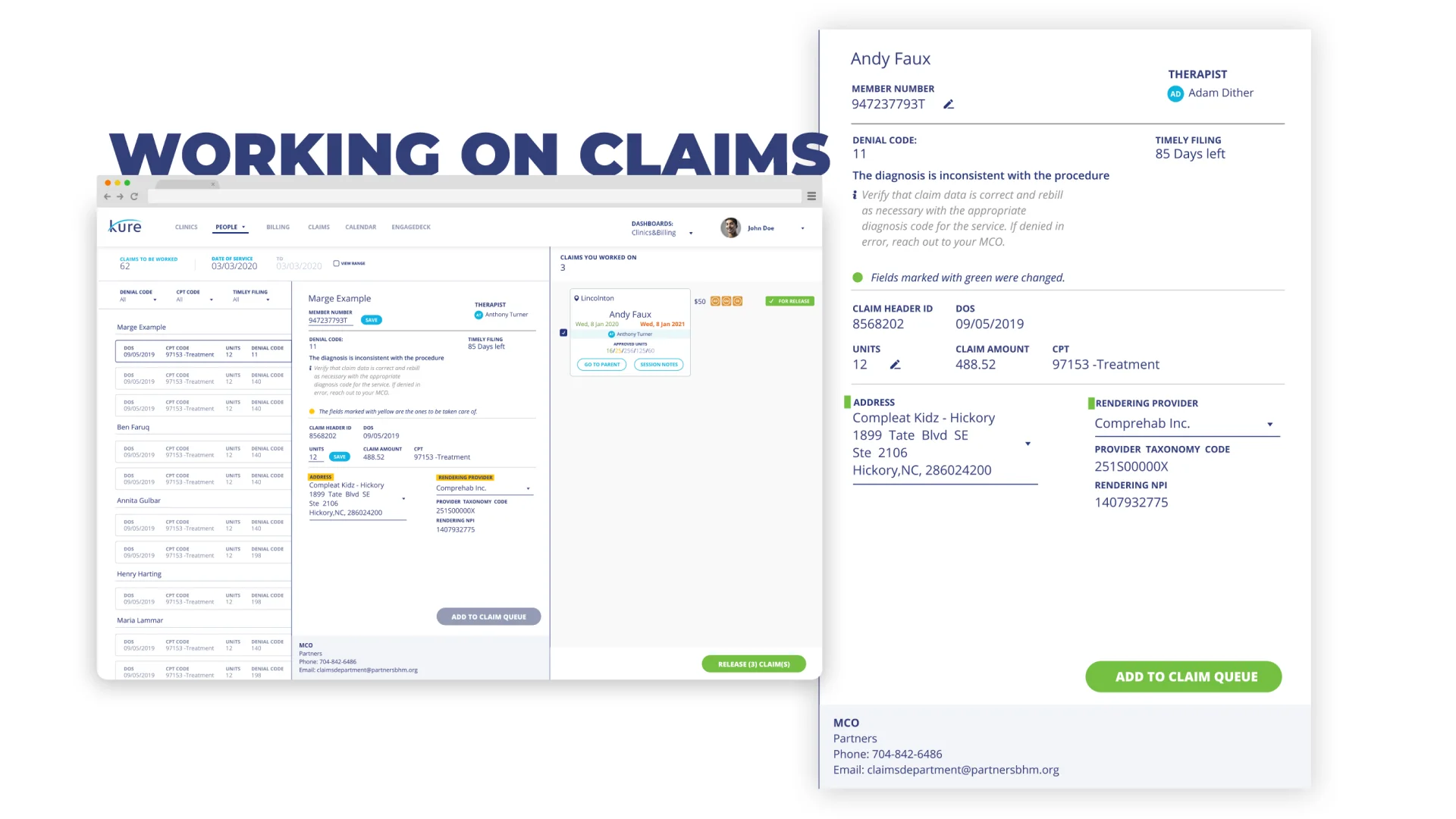 The claims screen: a denied claim with its reason, the fields to correct and an Add to claim queue button
