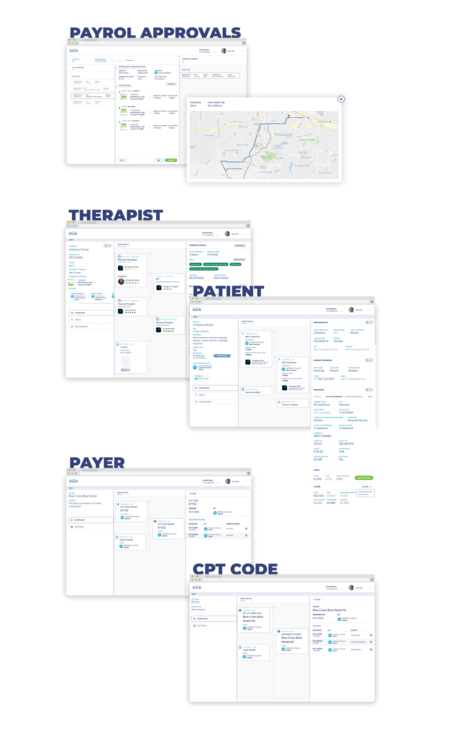 Web screens by role: payroll approvals, therapist, patient, payer and CPT code