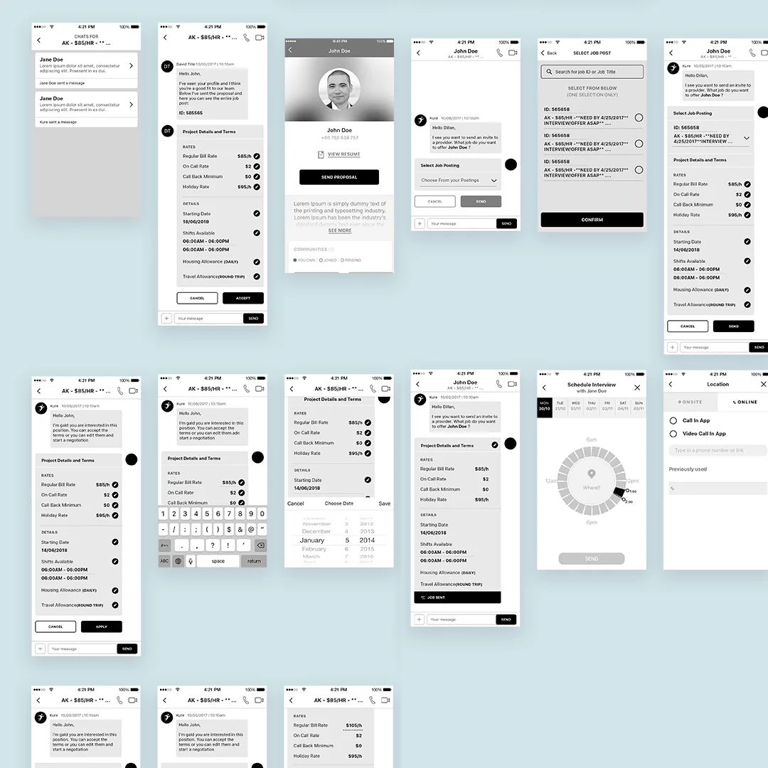 A grid of low-fidelity wireframes for the mobile app: profile, job details, terms and time entry