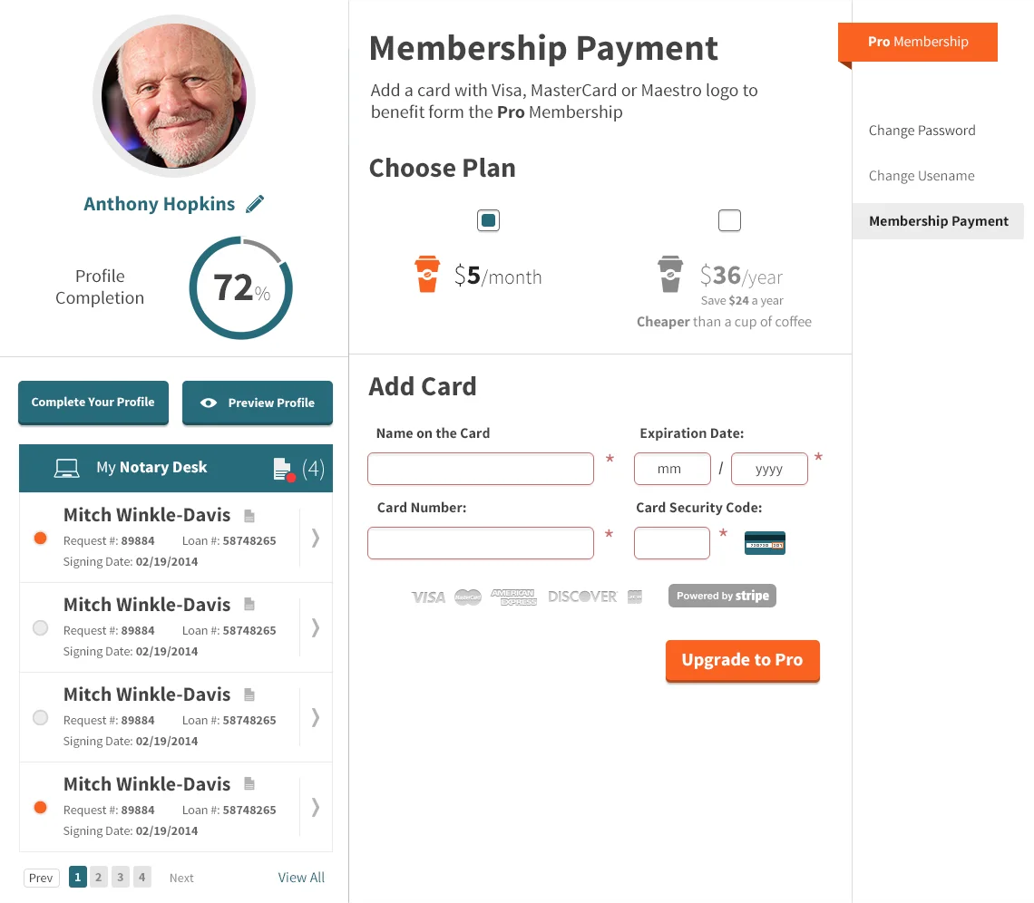 Membership payment in the notary's account: choose a plan, add a card, upgrade to Pro