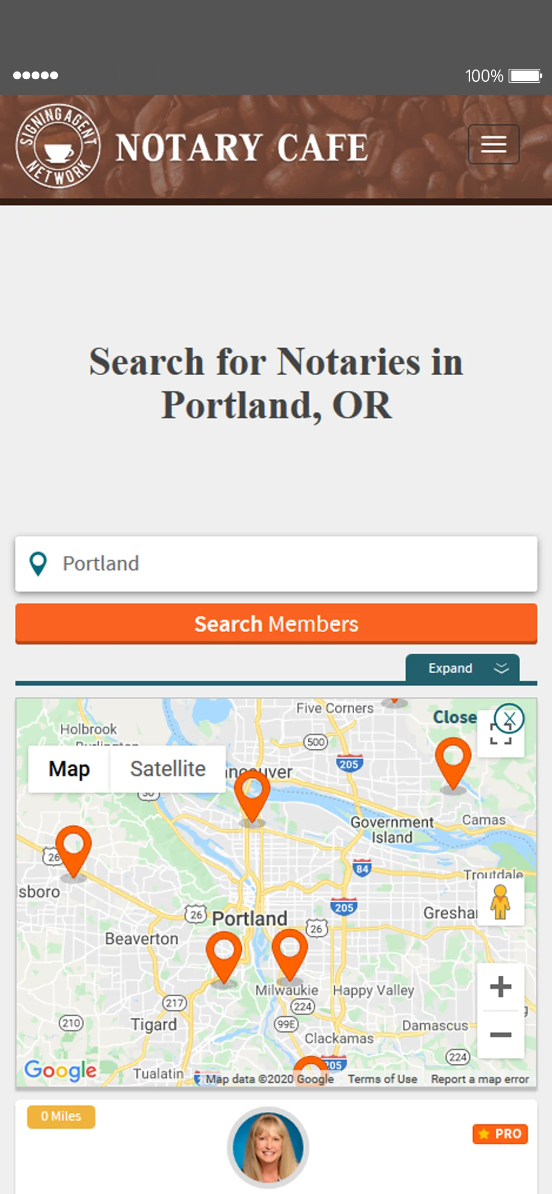 Search for notaries in Portland, OR on a phone: a place field, a Search members button and a map with pins