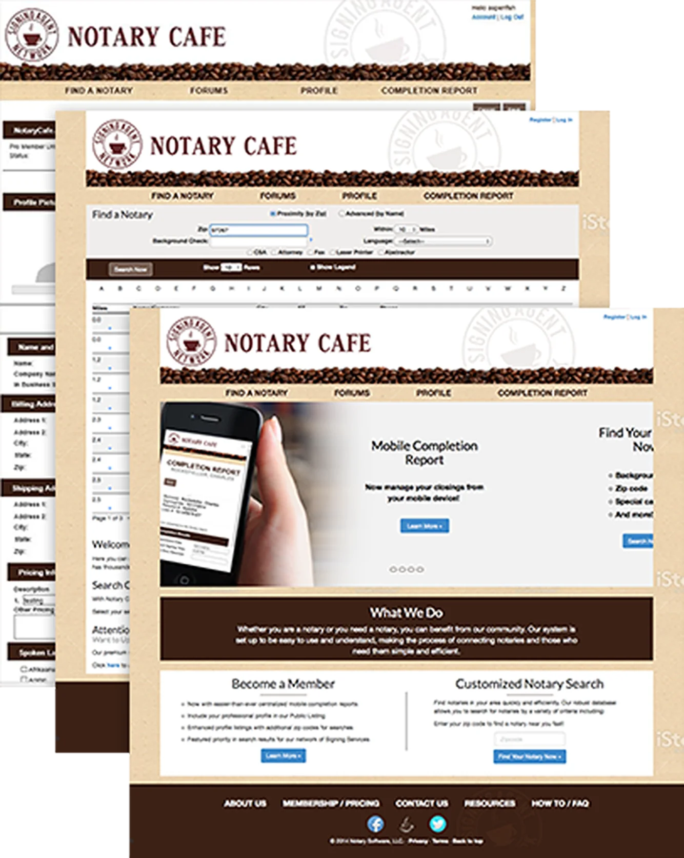 The old Notary Cafe site: three pages in brown and beige, crowded with small text