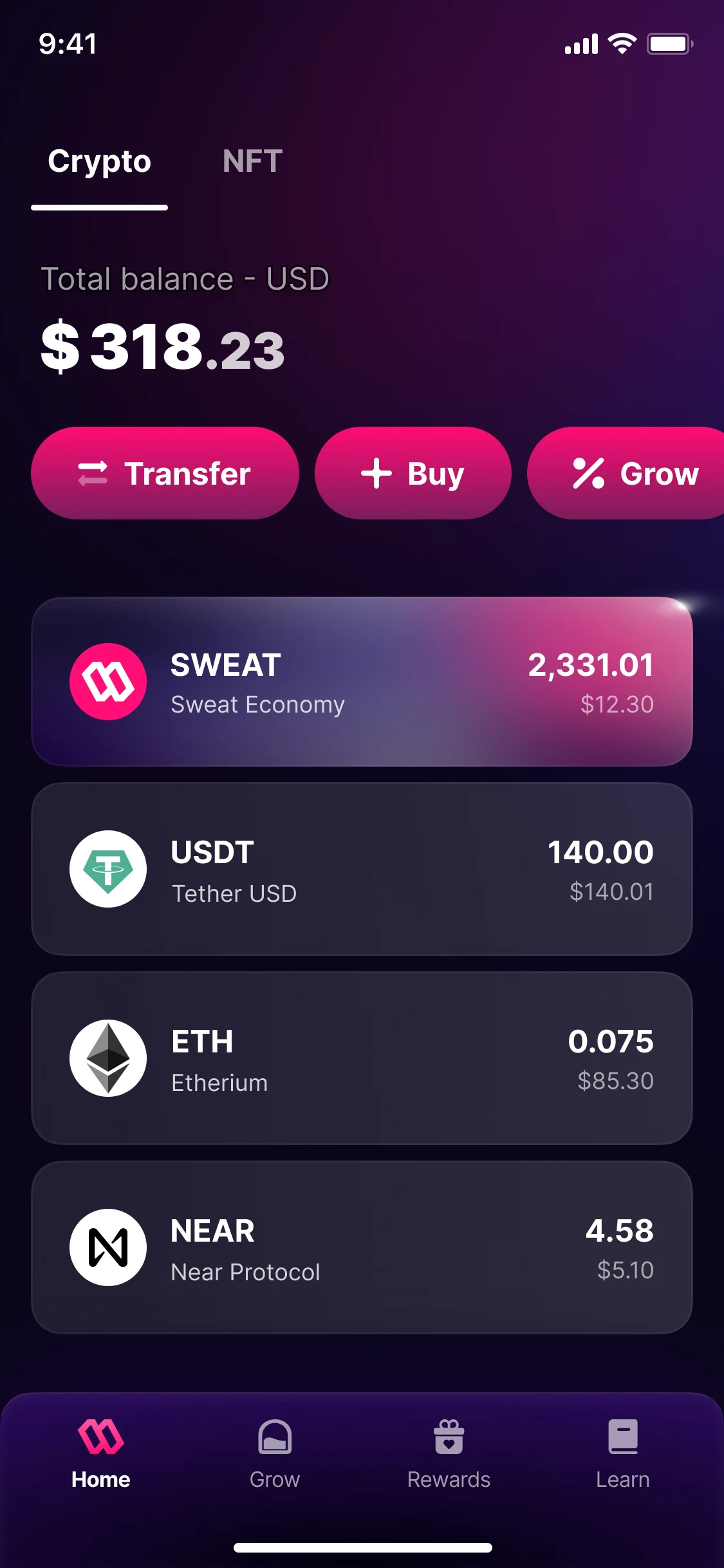 Portfolio, version 1: a total balance of $318.23; Transfer, Buy and Grow; and four tokens, SWEAT, USDT, ETH and NEAR, each with its amount