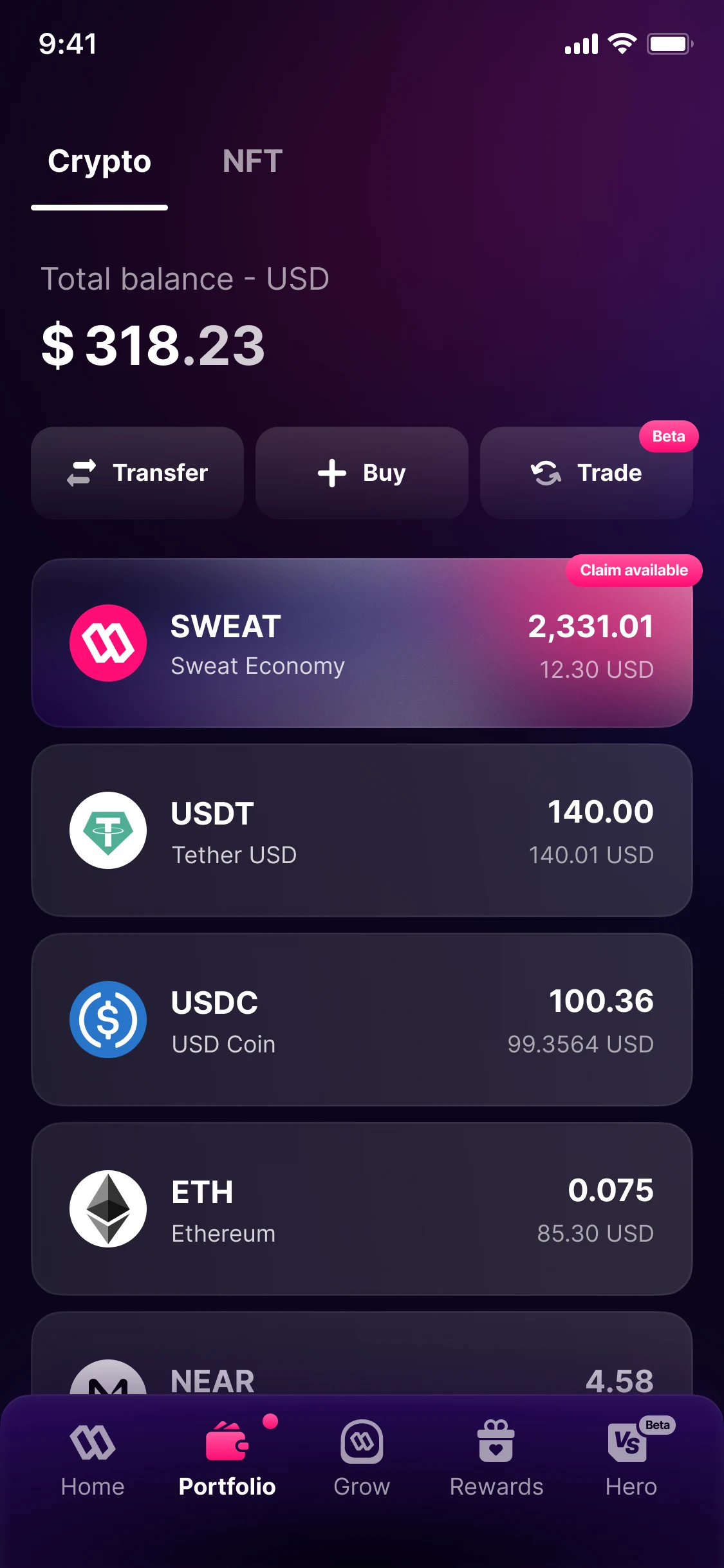 Portfolio, version 2: a total balance of $318.23; Transfer, Buy and Trade; the tokens, with a claim available on SWEAT; and a tab bar with Portfolio chosen