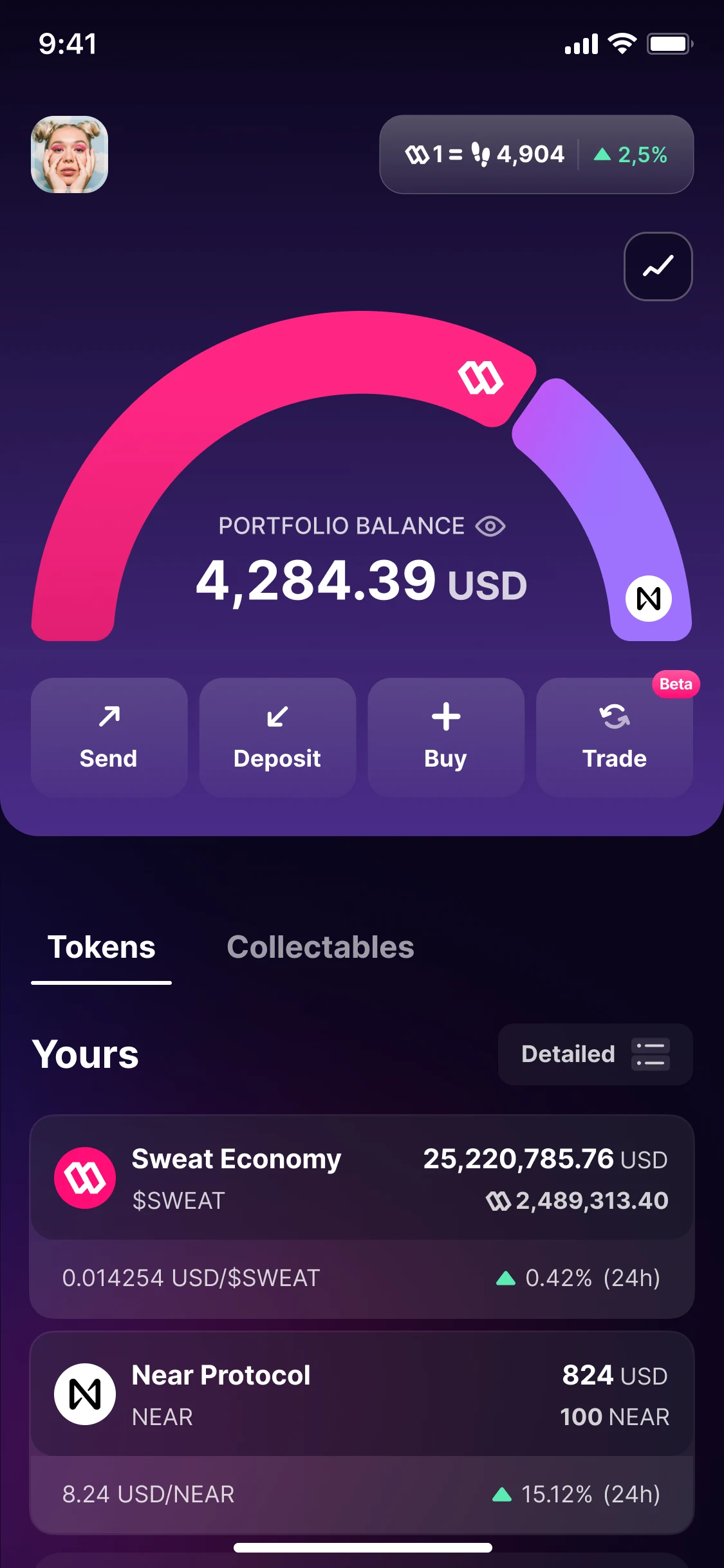 Portfolio, version 3: a half ring of the portfolio's balance, 4,284.39 USD; Send, Deposit, Buy and Trade; and the tokens under Yours, each with its price and its change over a day