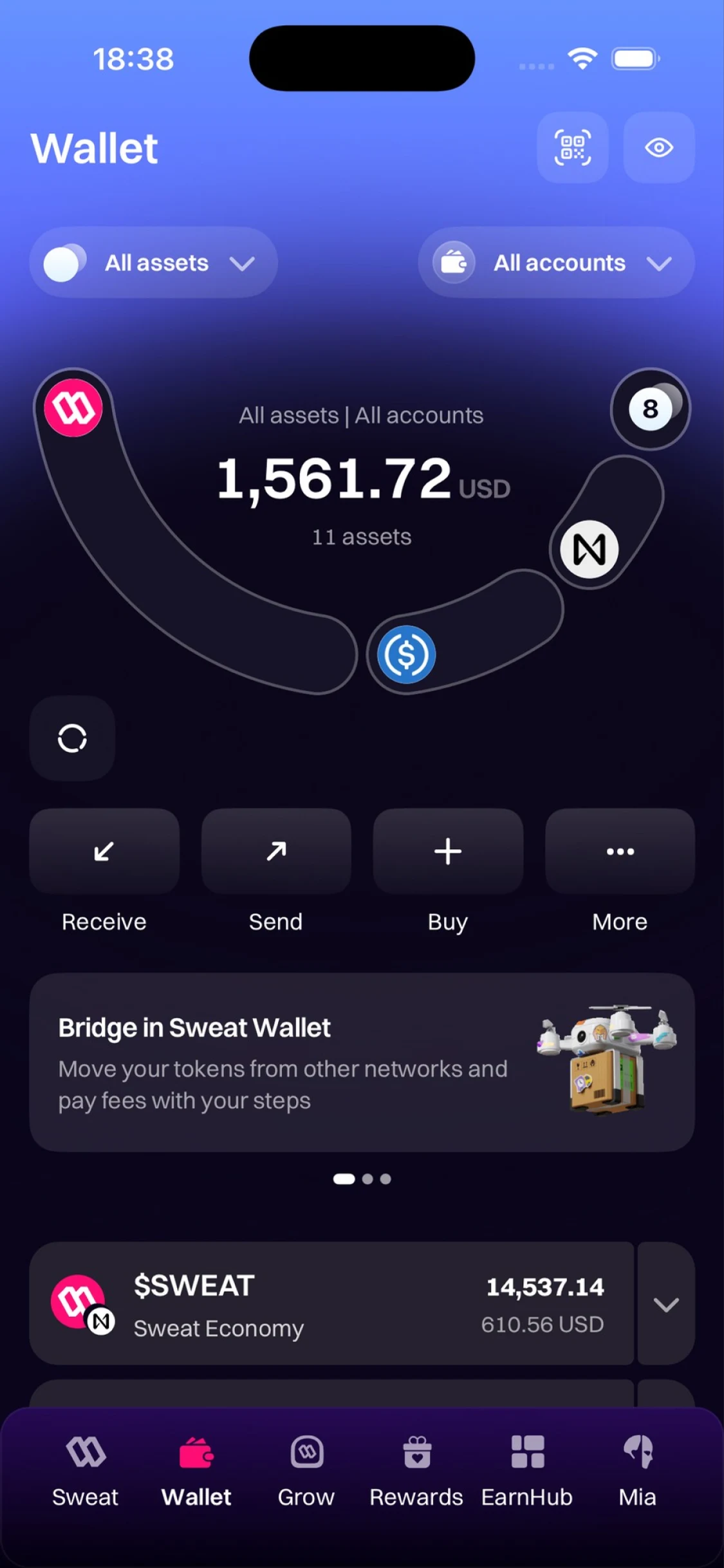 Wallet, a future version: 1,561.72 USD across 11 assets on a curved band that carries the tokens' marks; Receive, Send, Buy and More; a card on bridging tokens; and the tokens