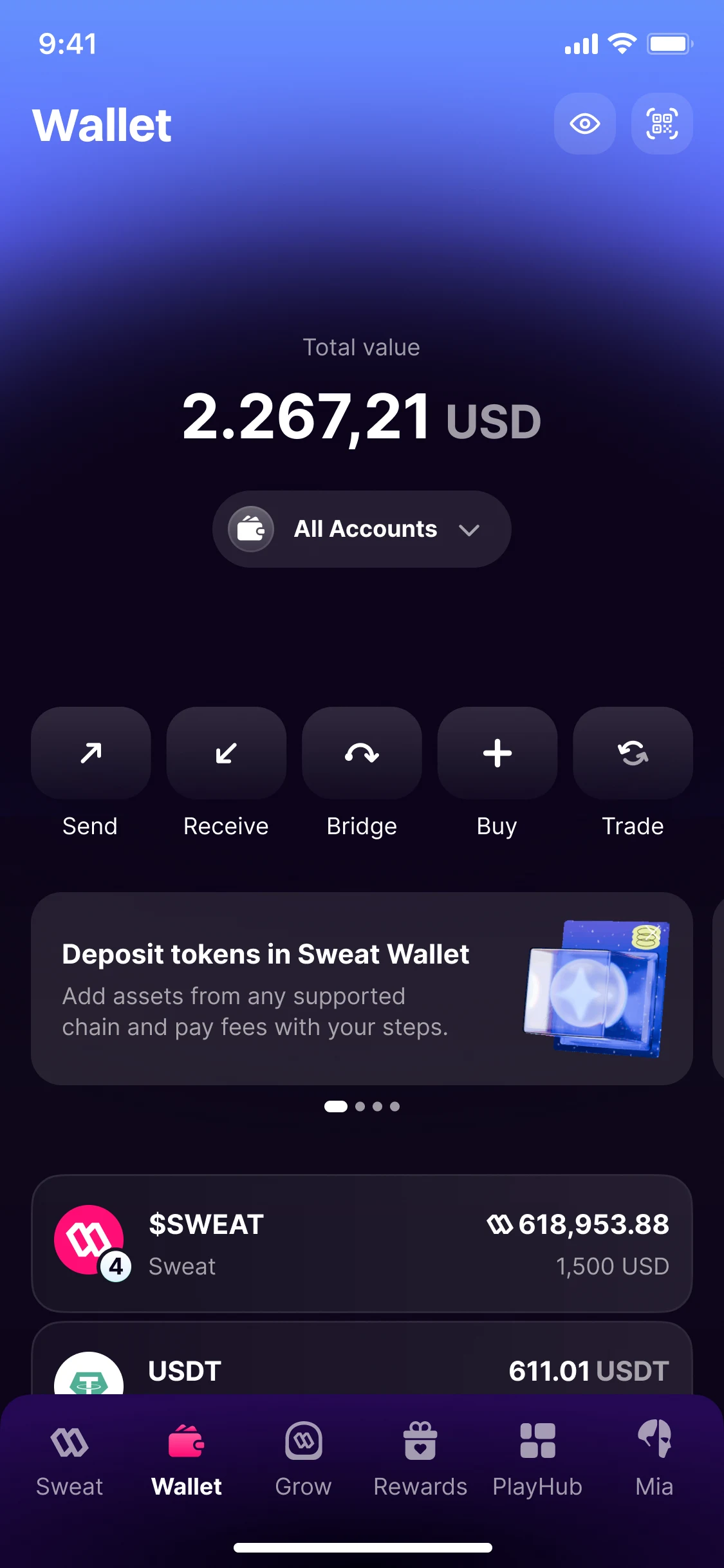 Wallet, the live version: a total value of 2.267,21 USD across all accounts; Send, Receive, Bridge, Buy and Trade; a card on depositing tokens; and the tokens, $SWEAT first