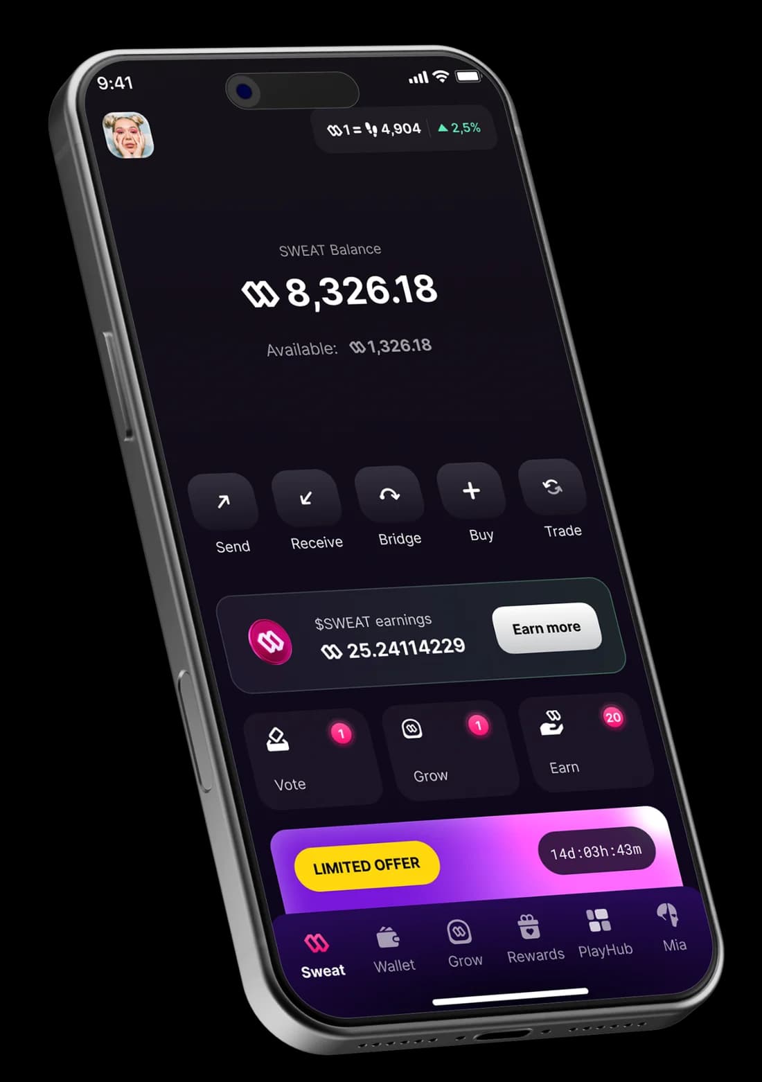 The wallet's later home screen on a phone: the balance, send, receive, bridge, buy and trade, earnings, and the ways to grow under them