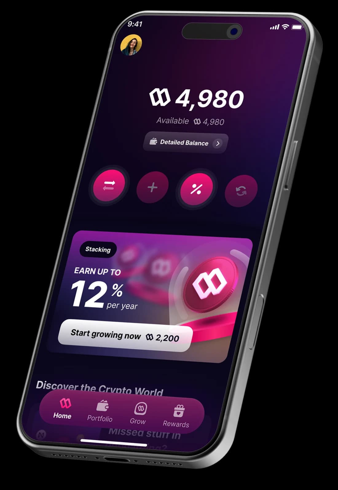 The wallet's first home screen on a phone: a balance, four round buttons and a staking card offering up to 12% per year
