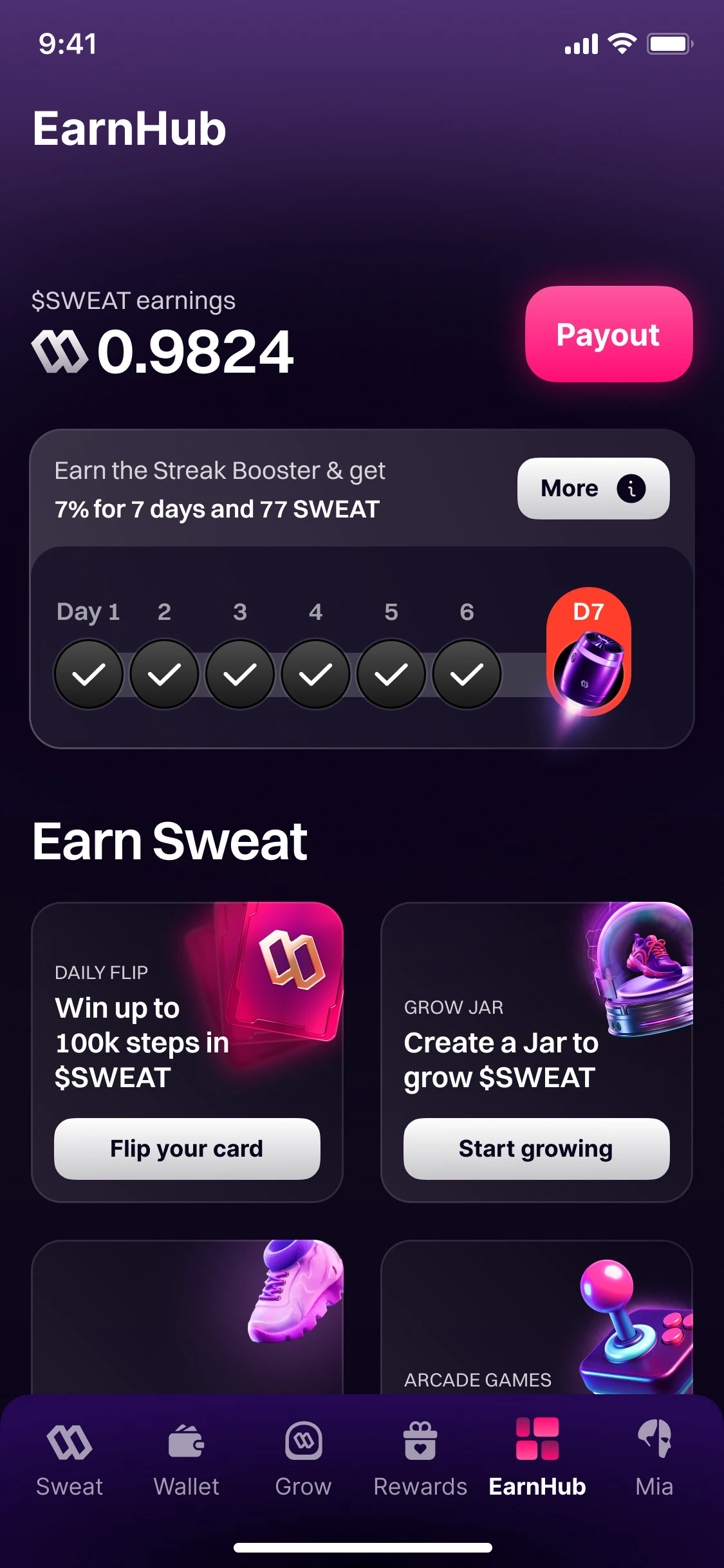 EarnHub: the $SWEAT earned with a Payout button, a seven-day streak booster, and the ways to earn: Daily Flip, a Grow Jar, arcade games