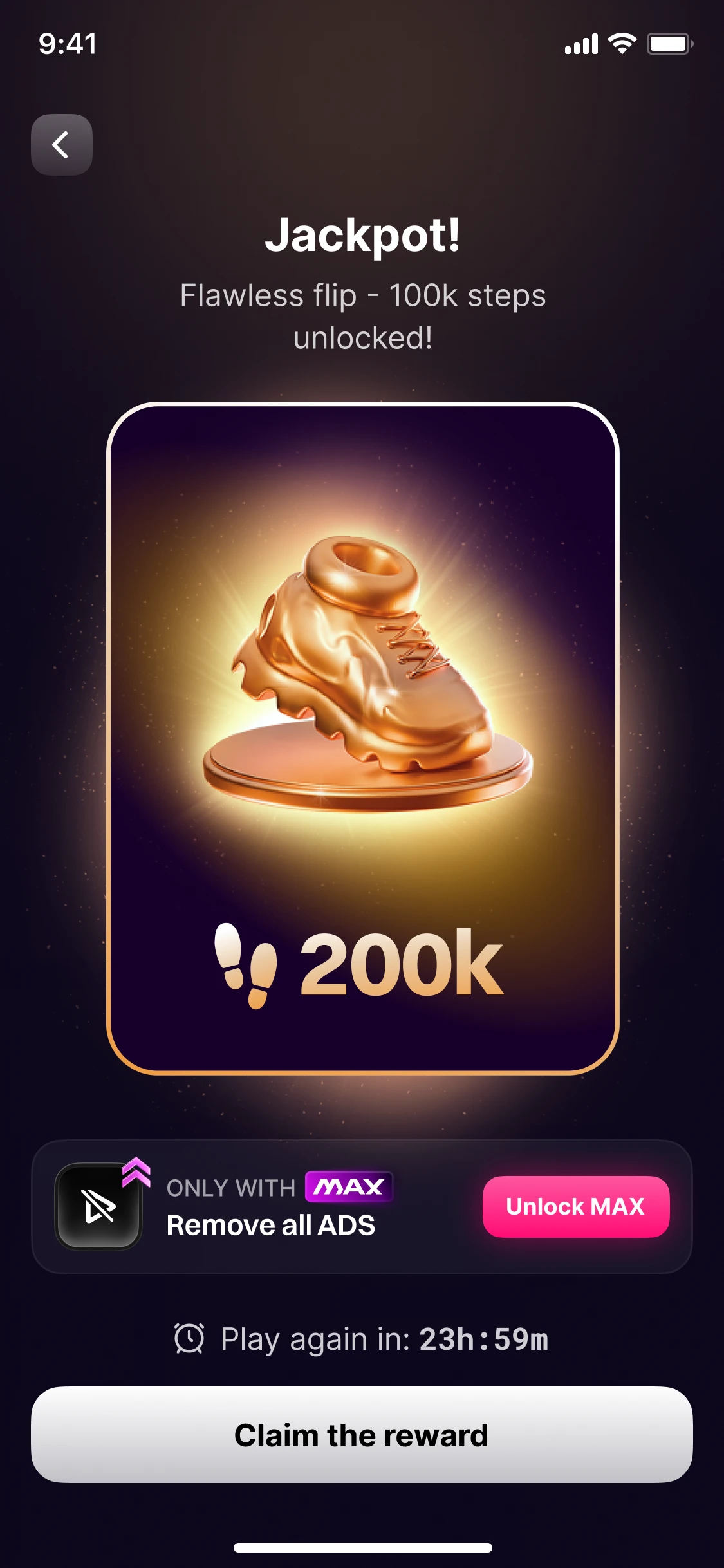 Jackpot: a flawless flip unlocks 200k steps, with a Claim the reward button
