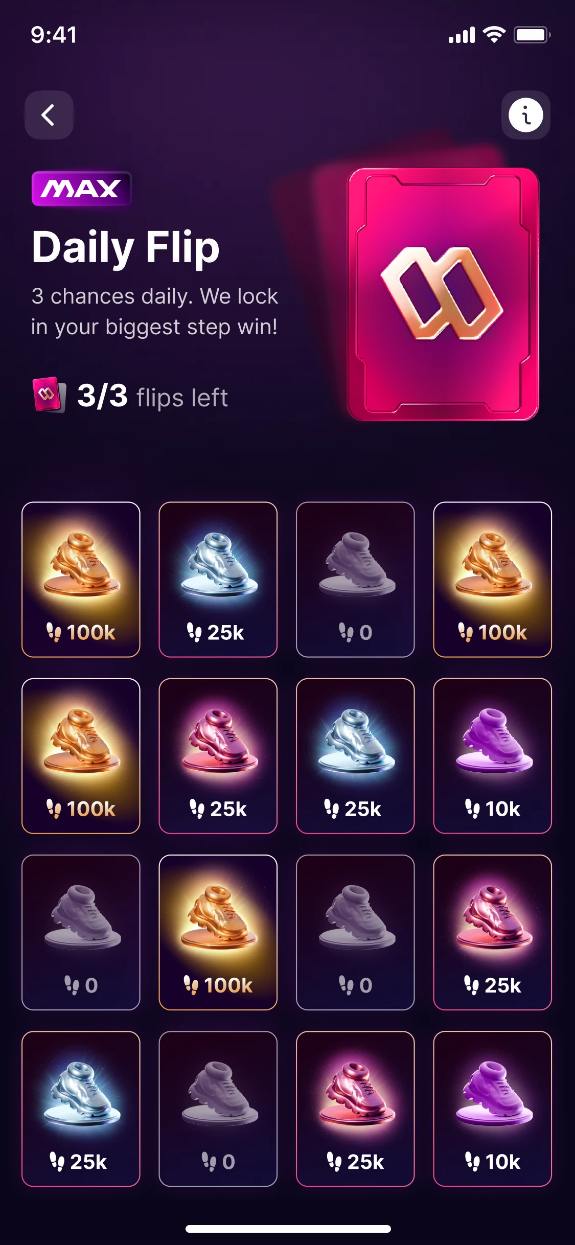 Daily Flip: the sixteen prizes face up, shoes worth from nothing to 100k steps, three flips left