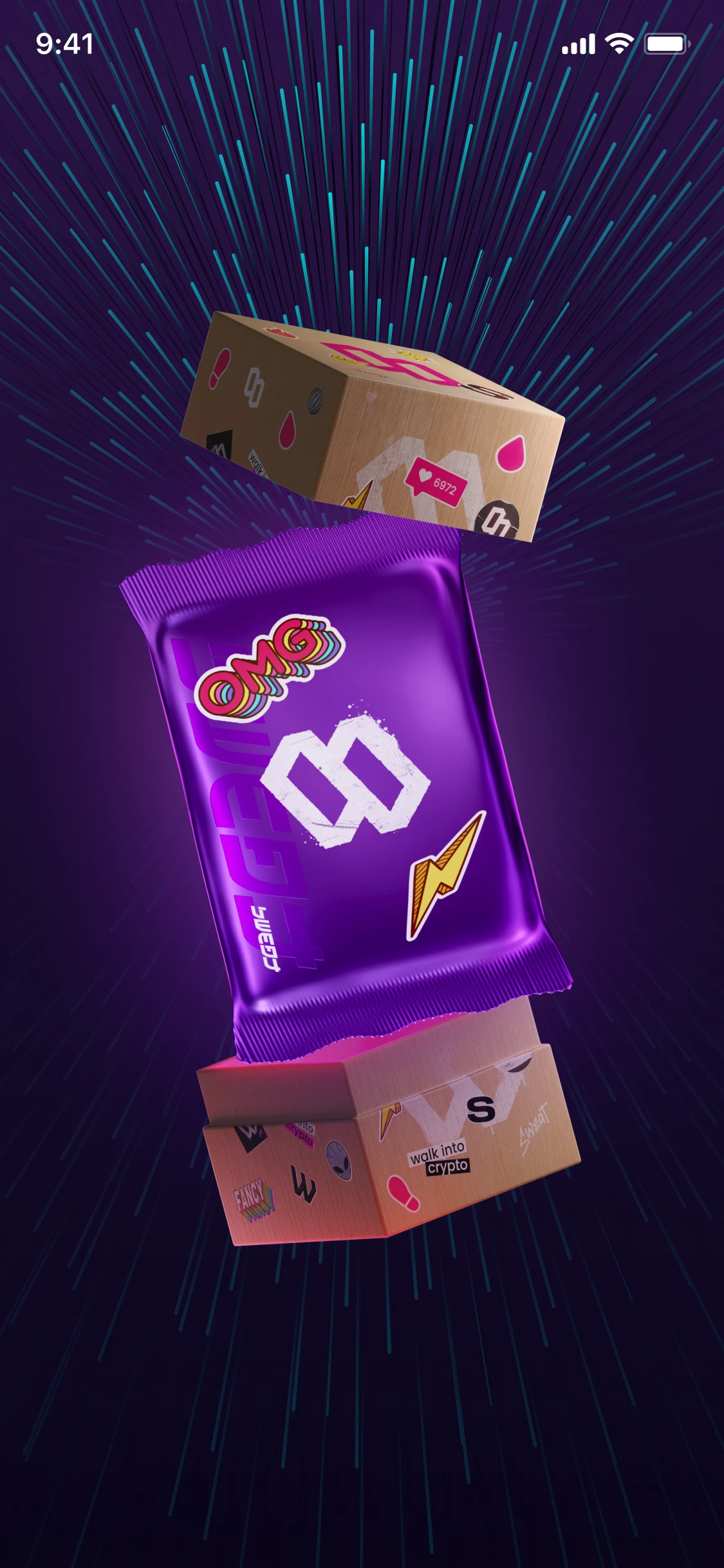 A mystery box opening: a purple booster pack bursting out of a cardboard box