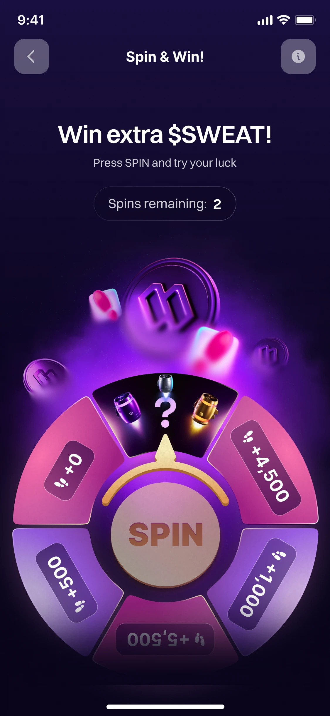 Spin & Win: a prize wheel with a Spin button at its middle, two spins remaining