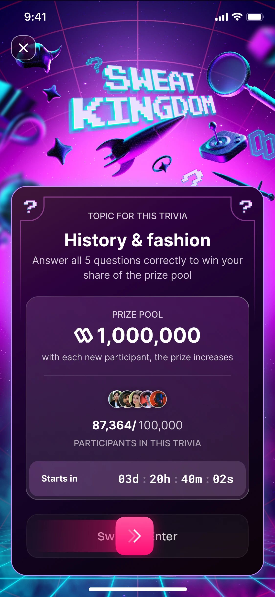 Sweat Kingdom trivia: the topic History and fashion, a prize pool of 1,000,000 SWEAT, 87,364 of 100,000 participants, and a countdown to the start