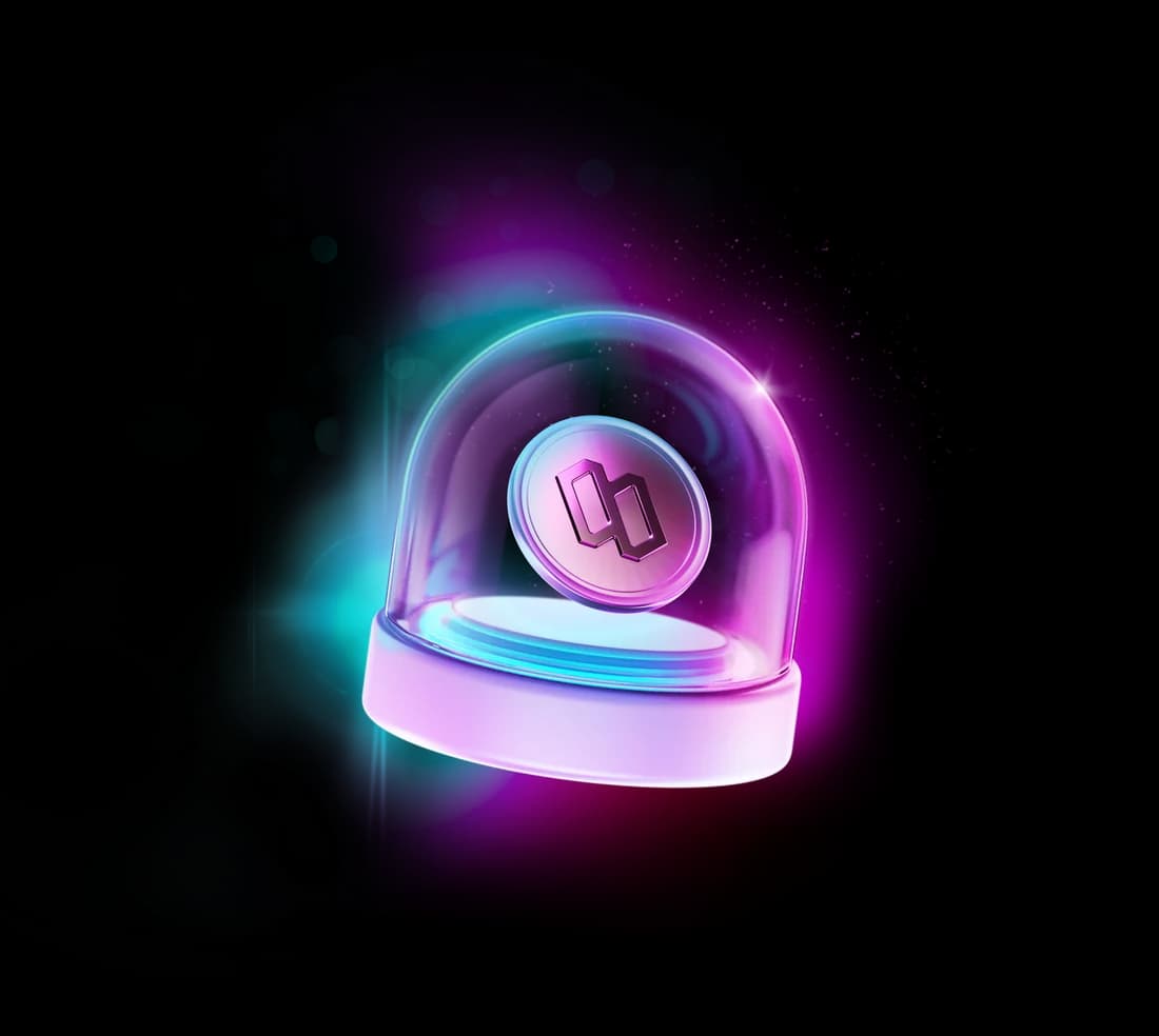 A jar under a glass dome with a Sweat coin in it, glowing blue and pink